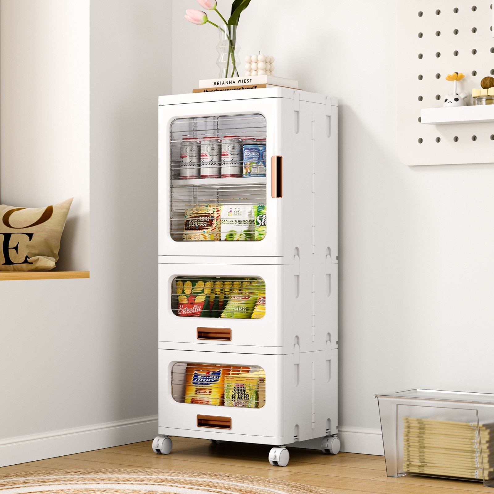 Multi Height Slim Storage Cabinet with Wheels Stackable Foldable Clear Door