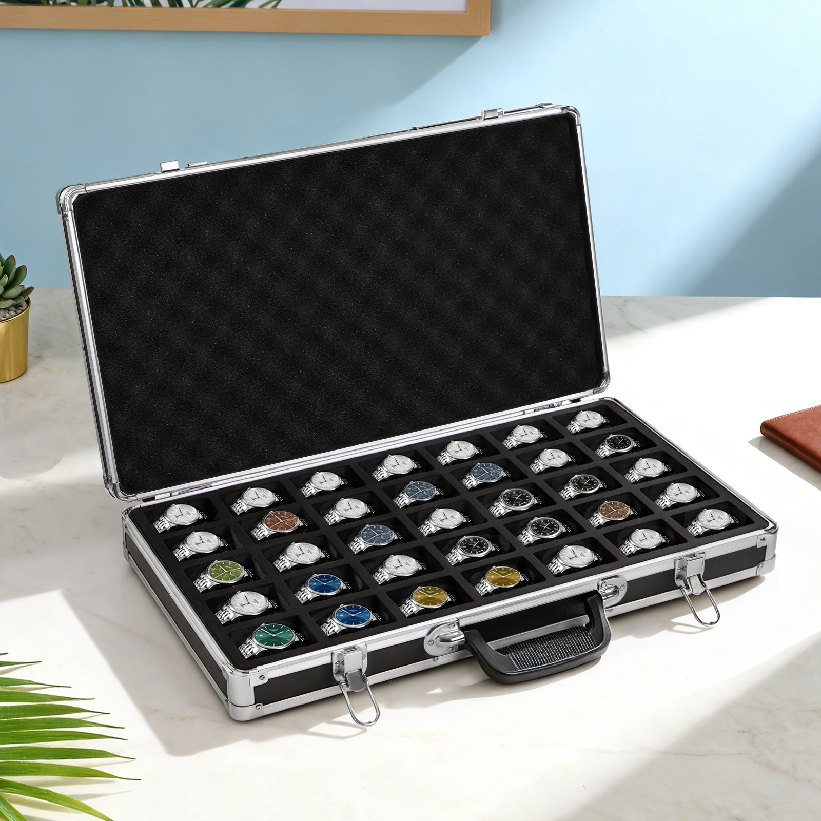 35 Slots Large Watch Organizer Box Aluminum Lockable Jewelry Storage Suitcase