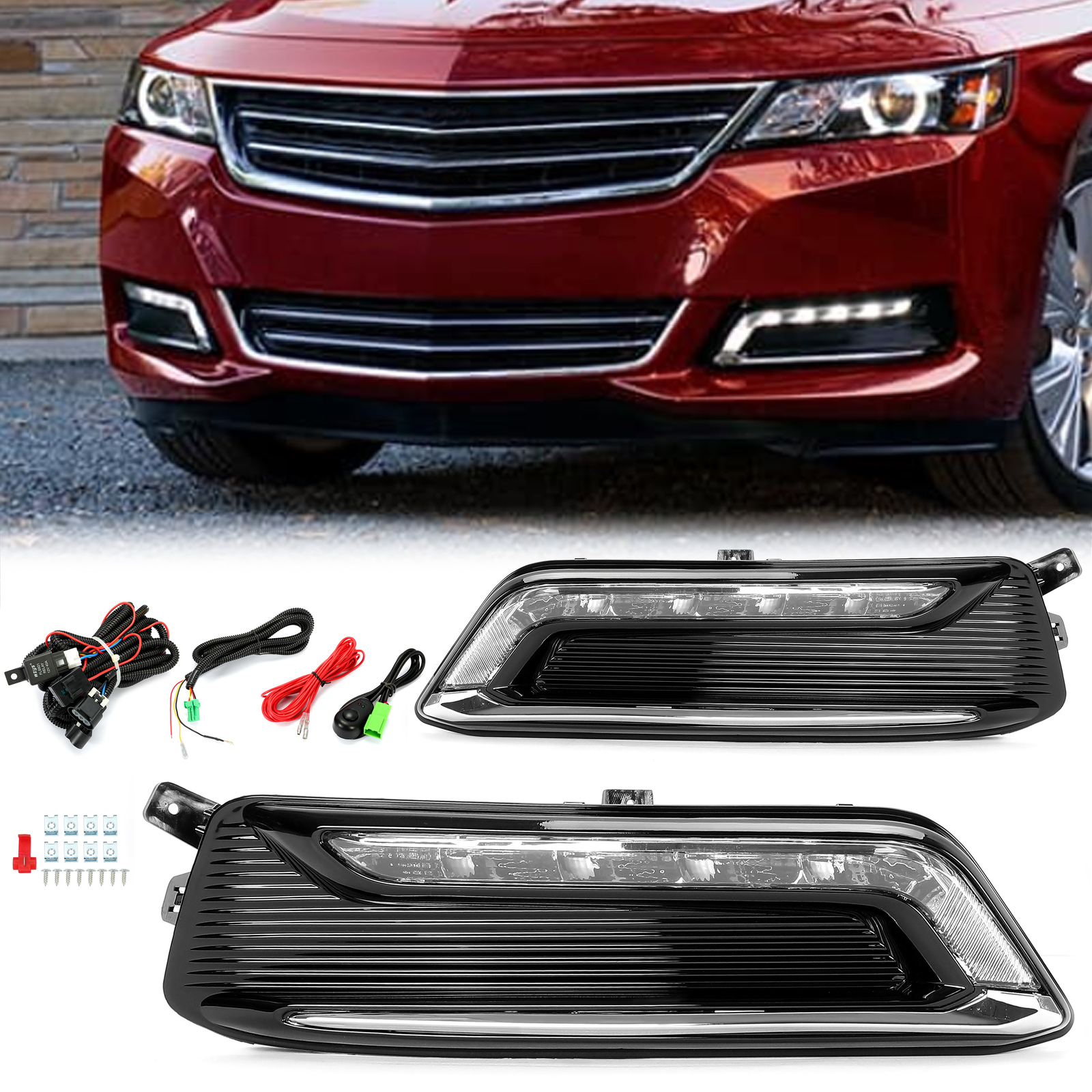 For 2014-2020 Chevy Impala Clear Lens LH+RH LED DRL Fog Light +Wiring+Switch Kit