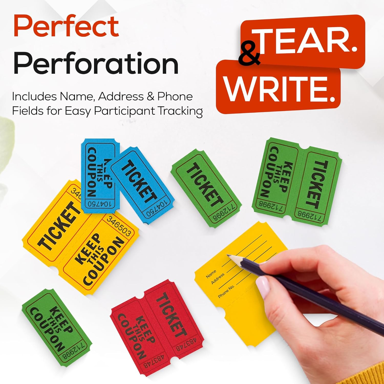 1000 Pairs (2000 Pcs) Raffle Tickets, 50/50 Double Raffle Tickets (Blue/Red/Gree