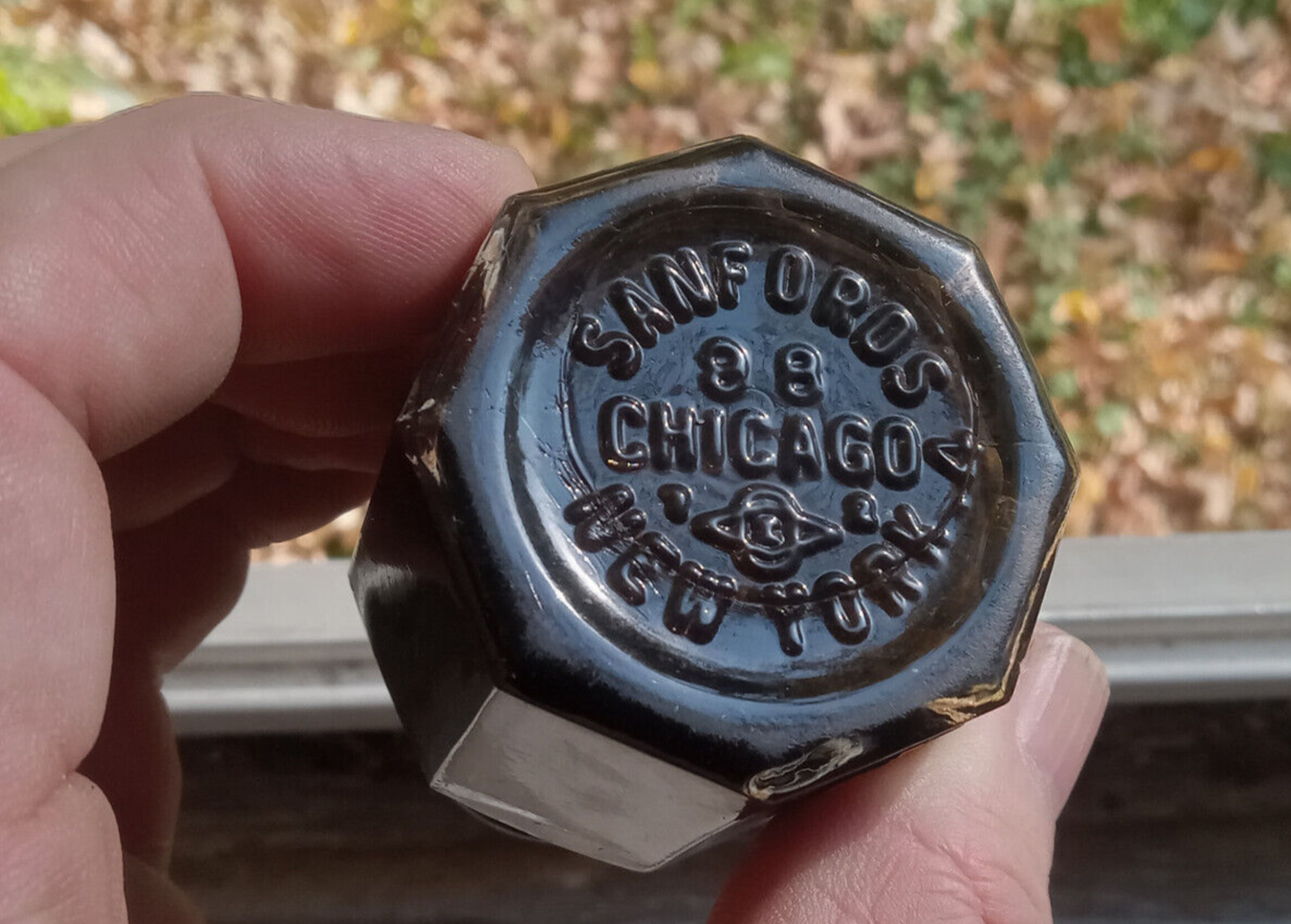 SANFORD'S CHICAGO NY EMB WITH LABEL SANFORD'S BLACK STAMPING INK 8 SIDED BOTTLE