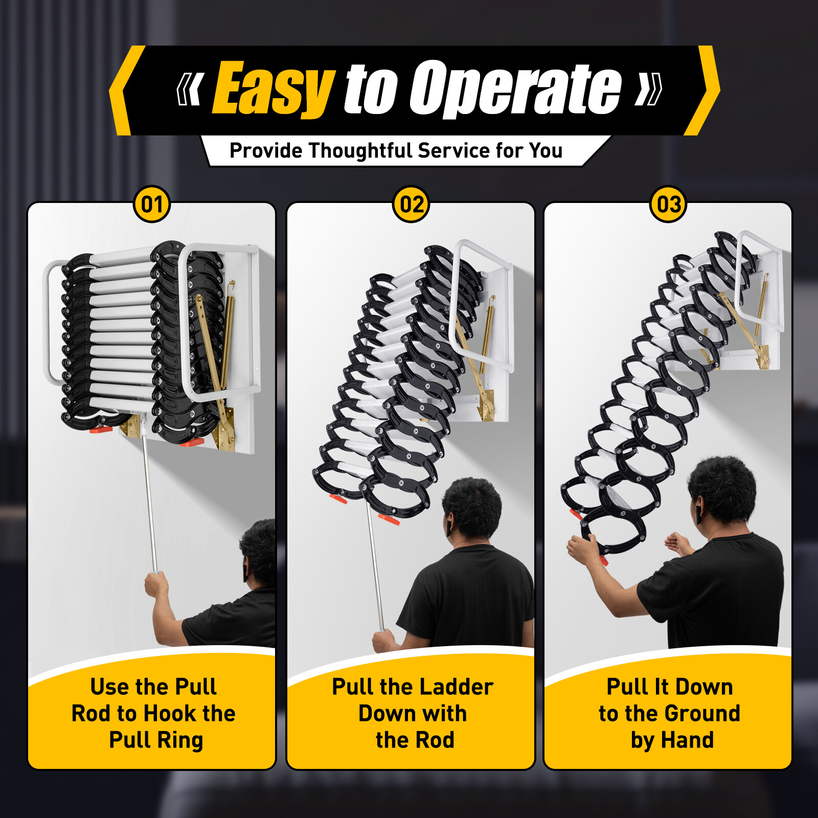 10ft Pull Down Folding Attic Ladder 12 Steps Anti-slip Wall-mounted Stairs