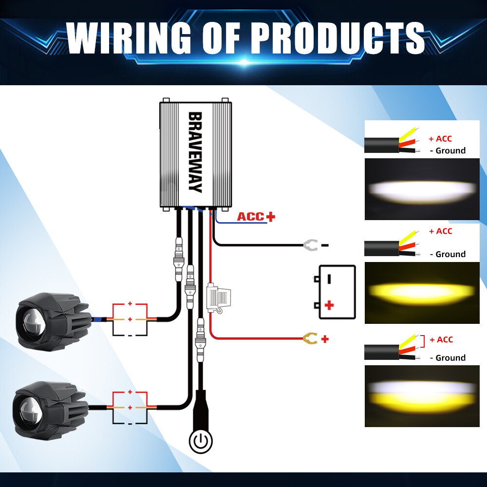 2x LED Spot Light Auxiliary Motorcycle Headlight Driving Fog Lamp Yellow+White