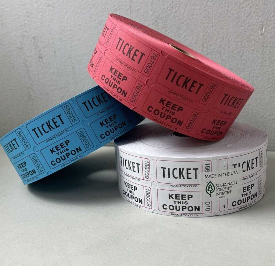 3 Rolls Double Stub Raffle Tickets 2000 Each Roll Red White & Blue 50/50 Raffles