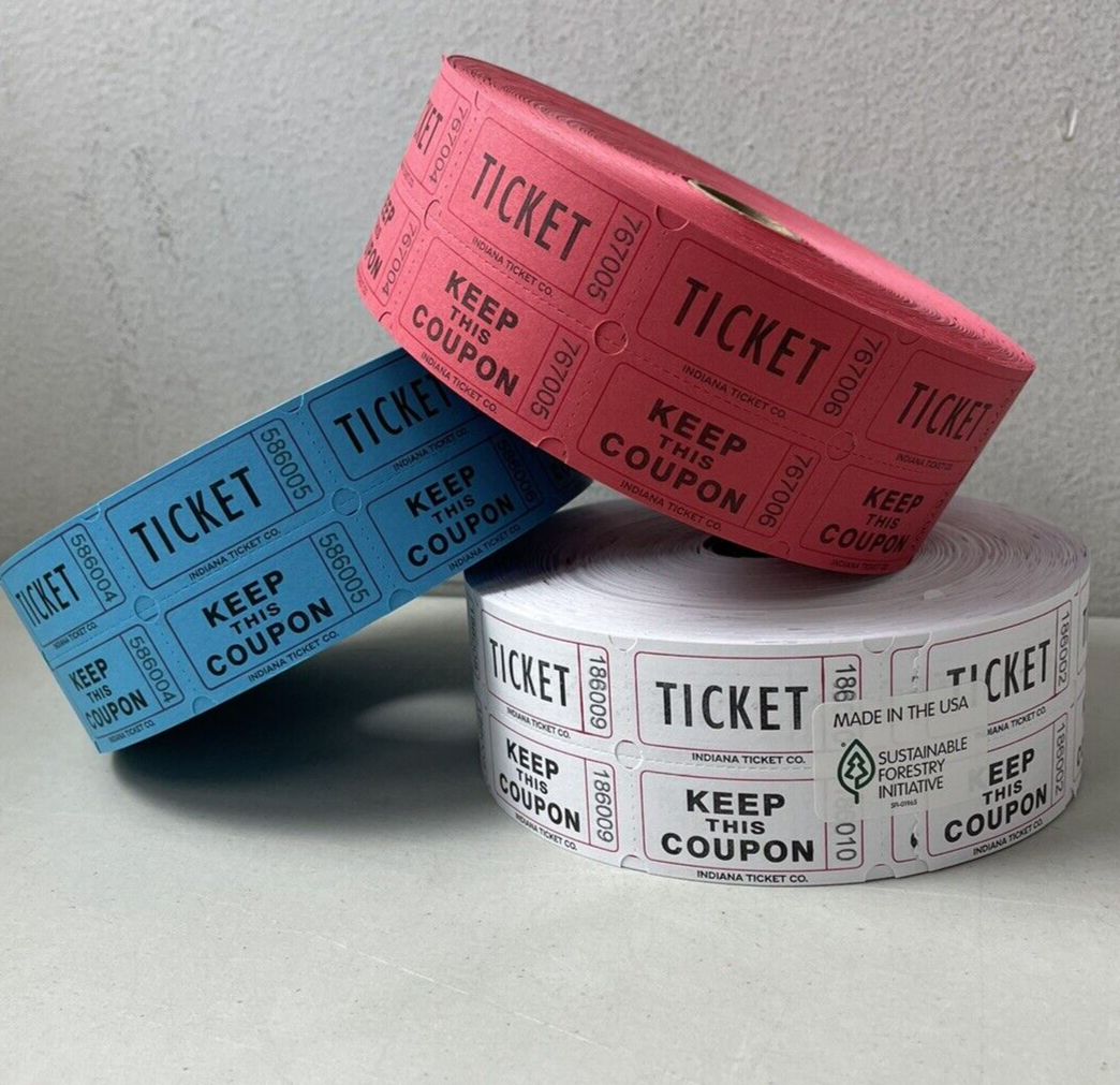 3 Rolls Double Stub Raffle Tickets 2000 Each Roll Red White & Blue 50/50 Raffles