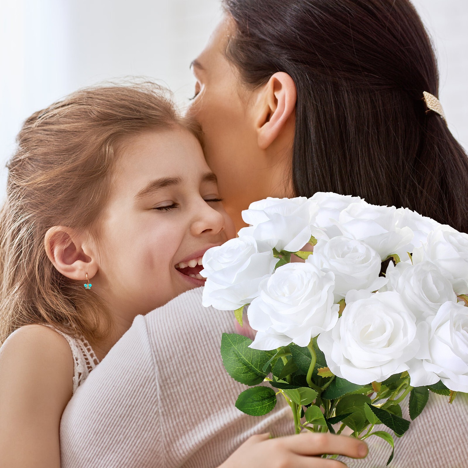 EZFLOWERY 12 Pcs White Silk Artificial Roses with Single Stems