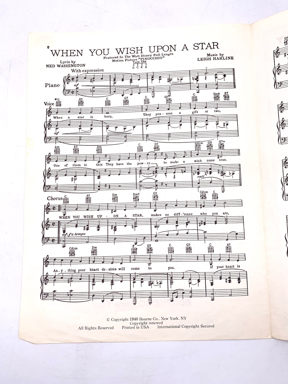 1940 "When You Wish Upon A Star" Sheet Music Piano Vocal Guitar