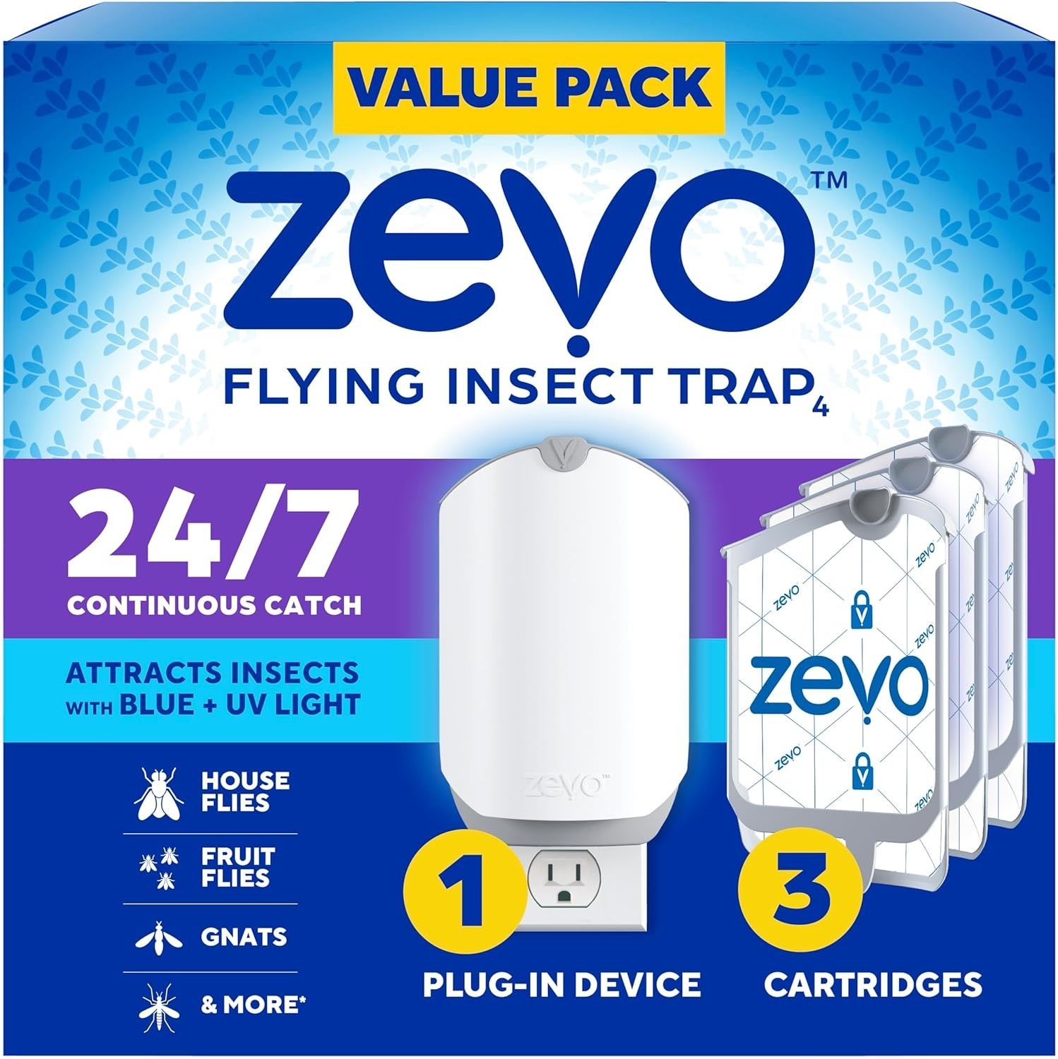 Zevo Flying Insect Trap (1 Plug-in Base + 3 Cartridges) Featuring Blue UV Light