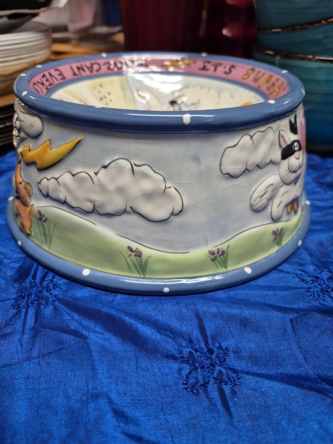 Blue Sky Cat Bowl “Super Cat” 6.5” Ceramic Hand Painted Dogz Can't Ever Catch SC