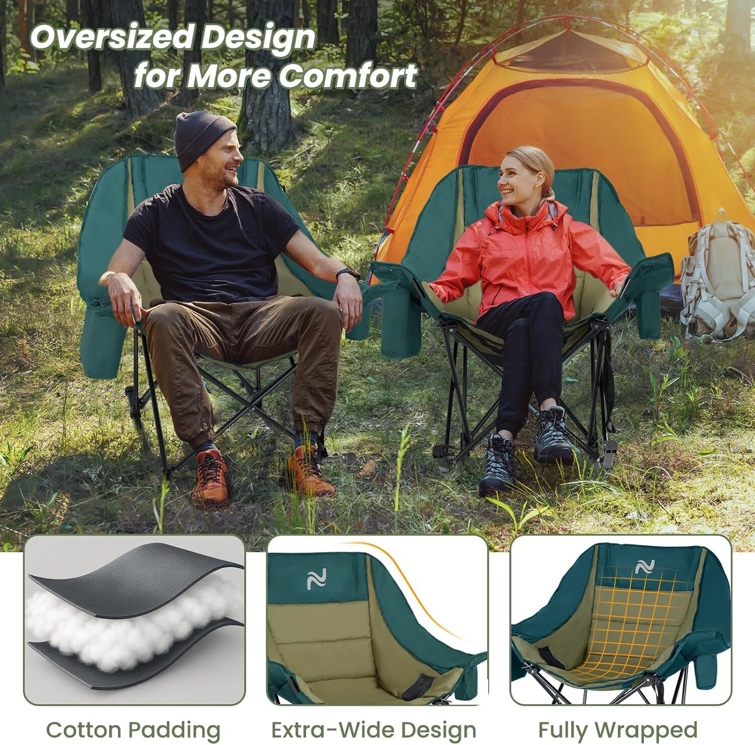H&ZT Oversized Rocking Camping Chair Padded Folding Lawn Chair with Cooler Bag