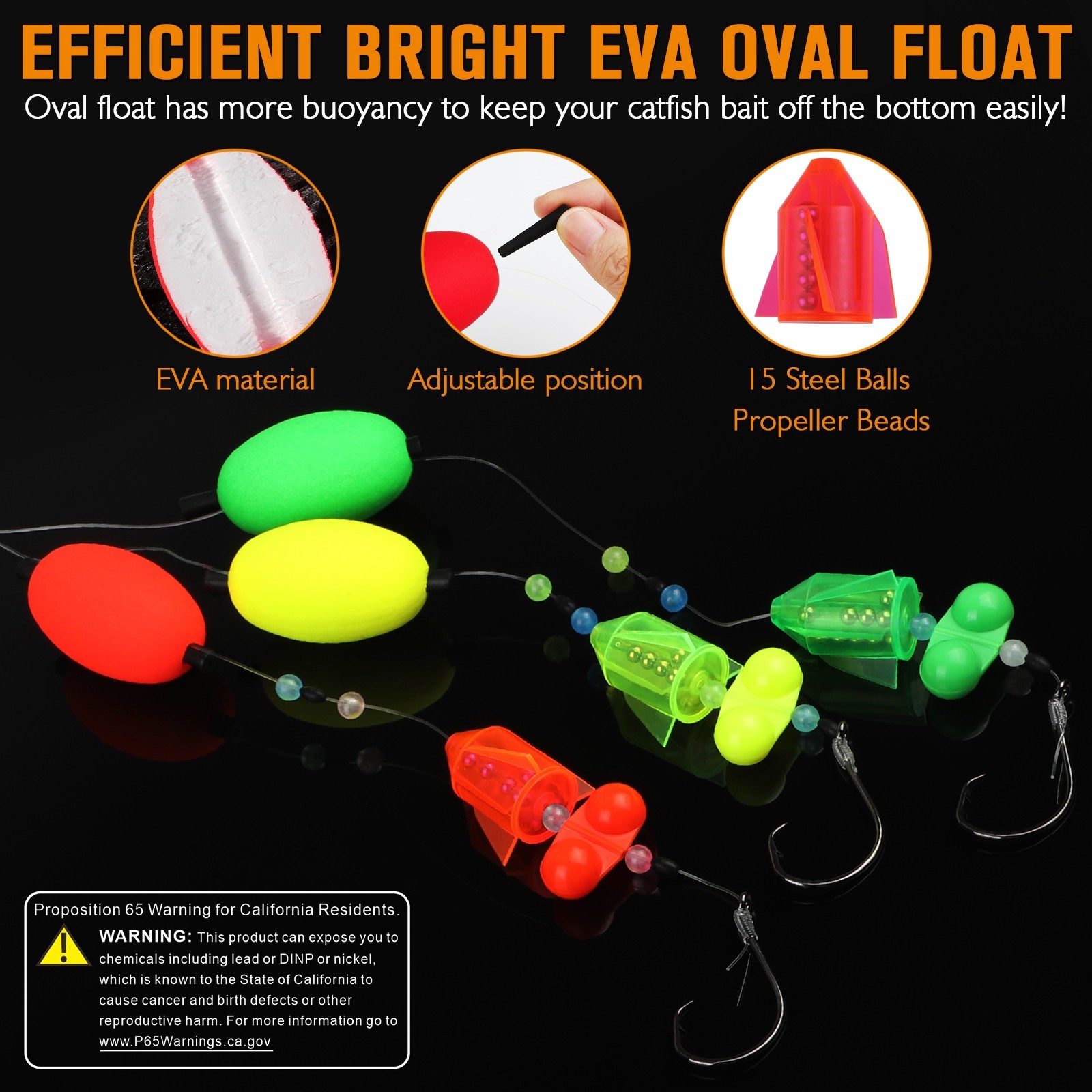 Dovesun 6PCS Catfish Rigs with Oval Float, 6/0 Hook, Double Rattle Beads & Bells