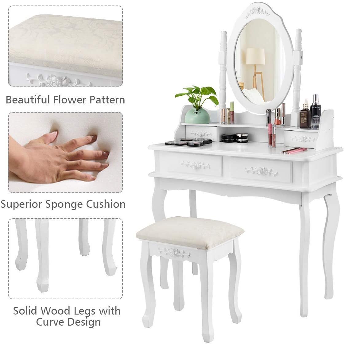 Vanity Makeup Dressing Table Stool Set w/4 Drawers& Mirrors Wood Desk White