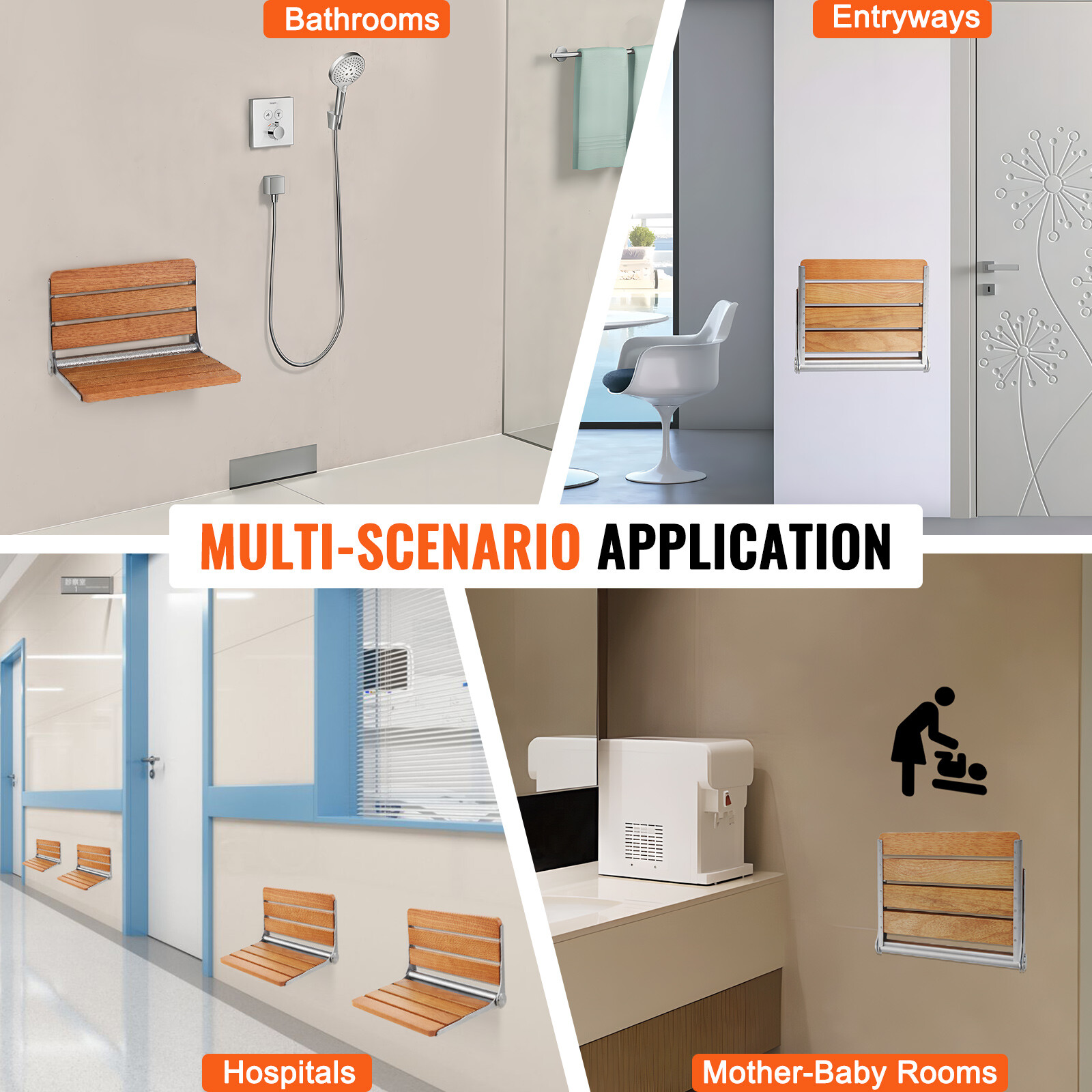 VEVOR 16" Folding Oak Shower Seat Wall Mounted Shower Bench 440lbs Rust-proof