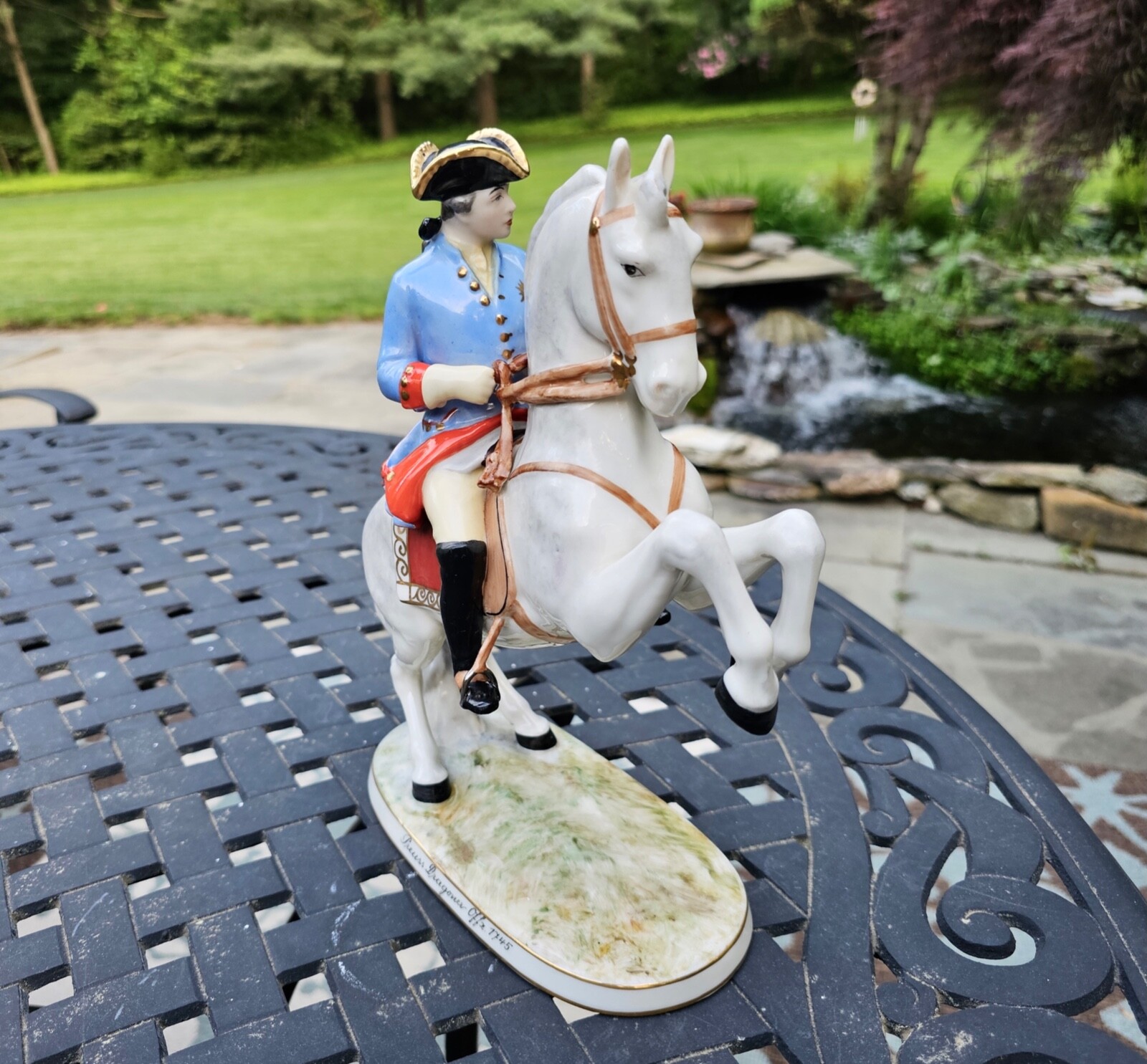 VINTAGE CAPODIMONTE PREUSS DRAGONER 1745 OFFICER ON REARING HORSE