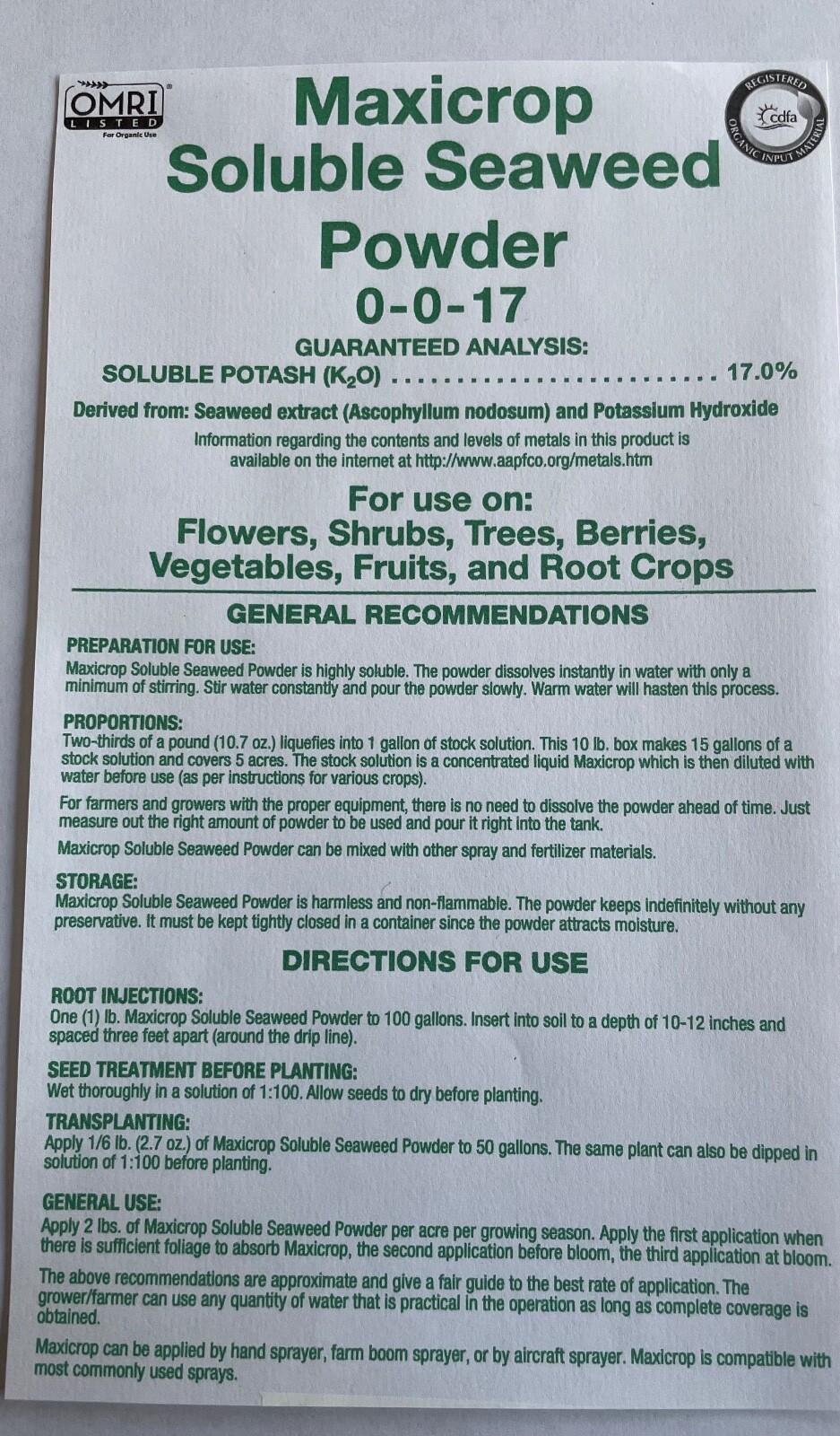 Maxicrop, , 44 lb bags of soluble seaweed powder, reduced again for spring