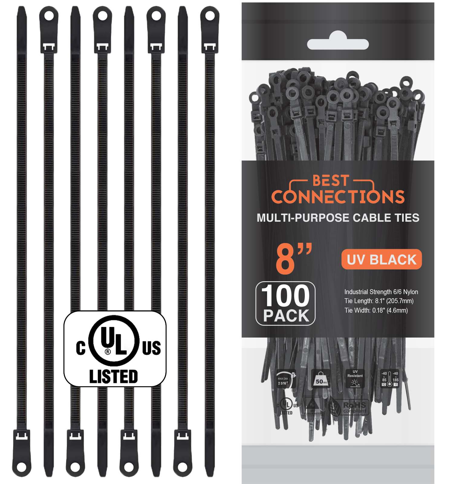 100 Pieces 8" UV Black Nylon Cable Zip Ties Strong with Screw Down Hole
