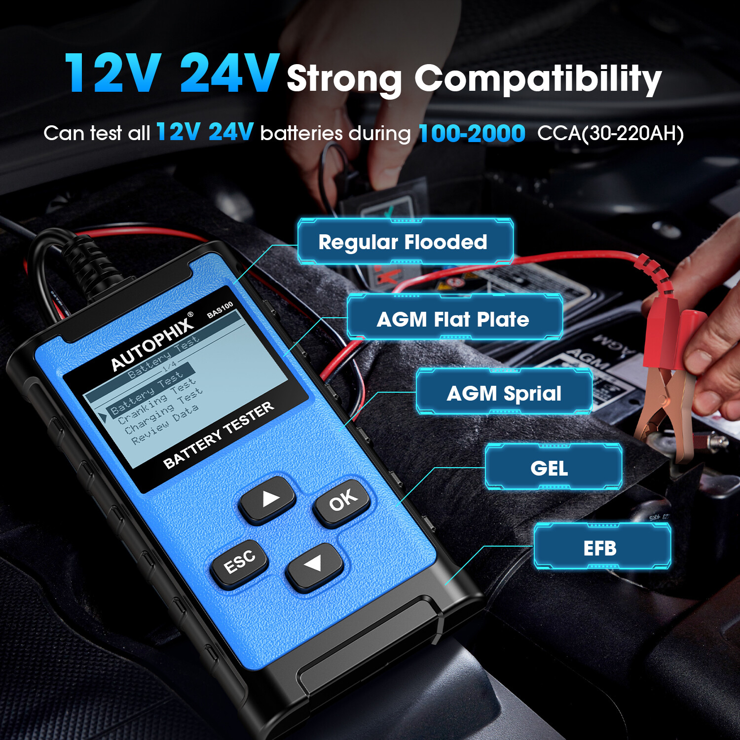 Car Digital Battery Load Tester Battery Cranking Charging Diagnostic 12V 24V