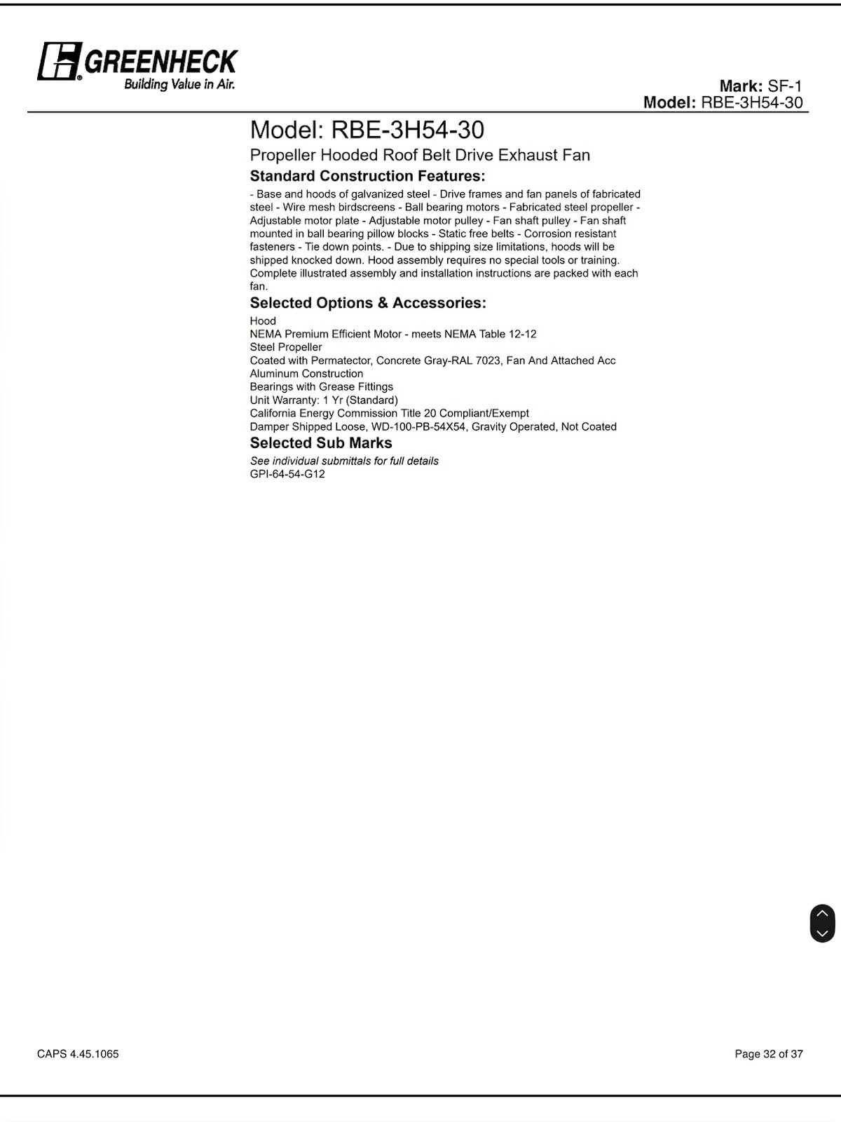 Greenheck RBE-3H54-30 Propeller Hooded Roof Belt Drive Upblast Fan w/ Damper