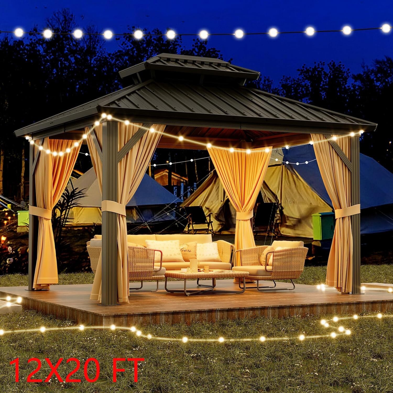 12x20 FT Outdoor Hardtop Gazebo Double Roof Garden Tent w/ Curtains & Netting US