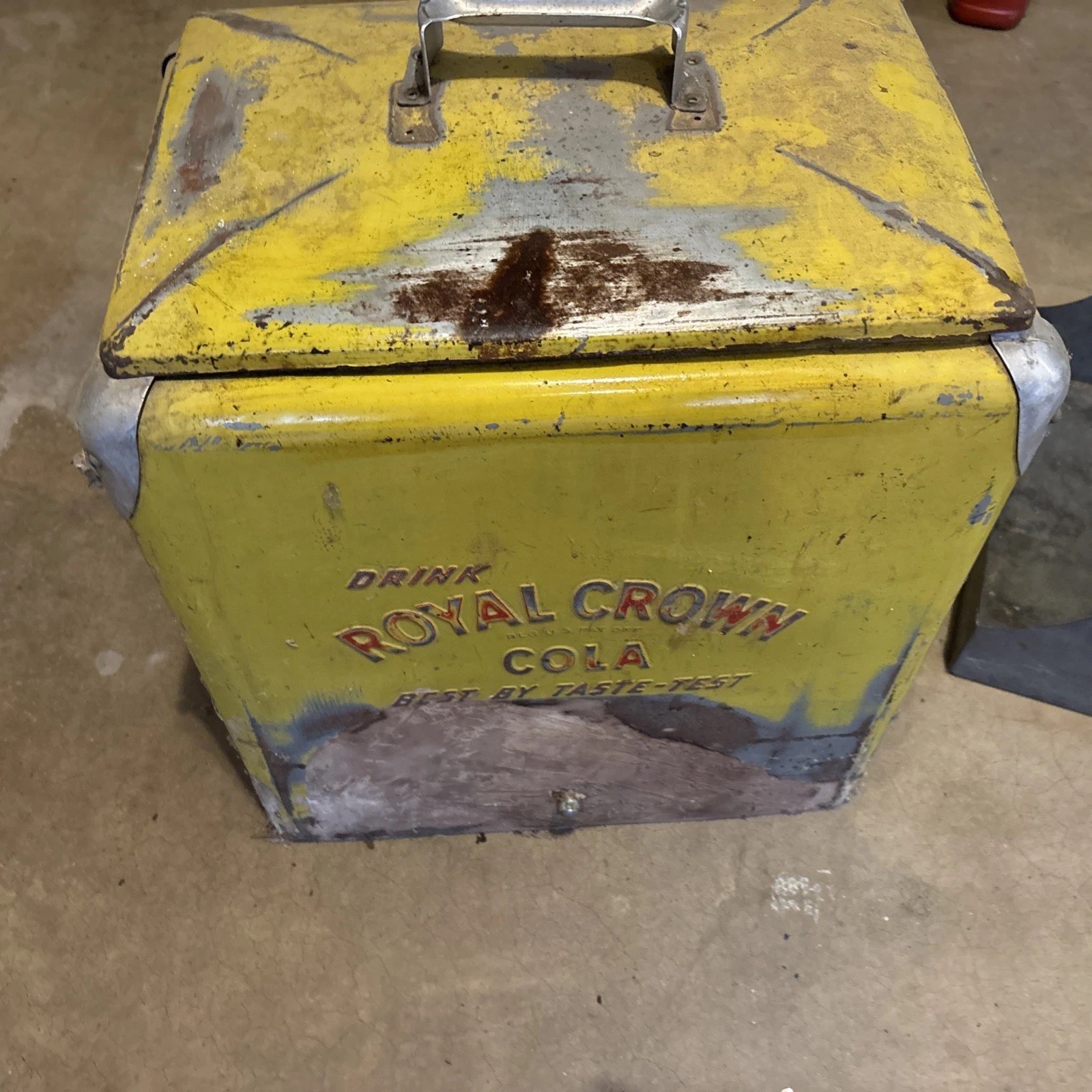 Vintage Royal Crown RC Cola Soda Metal Cooler. Yellow w/red Lettering.