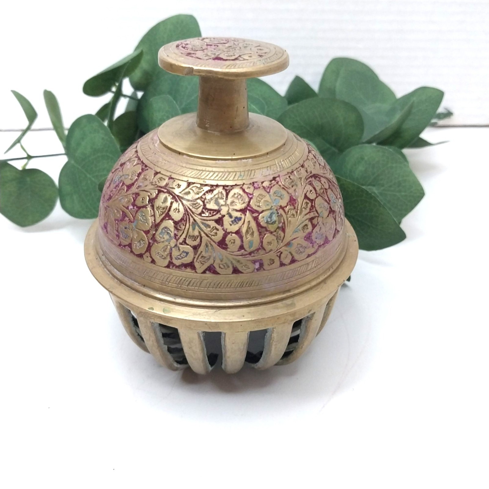 Vintage Brass Etched Elephant Claw Bell with Clapper Indian