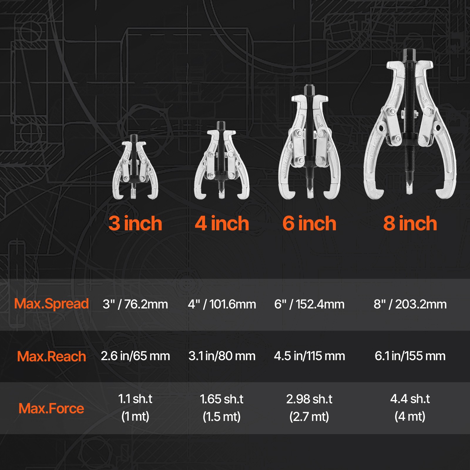 VEVOR 4Pcs 3 Jaw Gear Puller Set Gear Pulley Bearing Puller 3 in/4 in/6 in/8 in