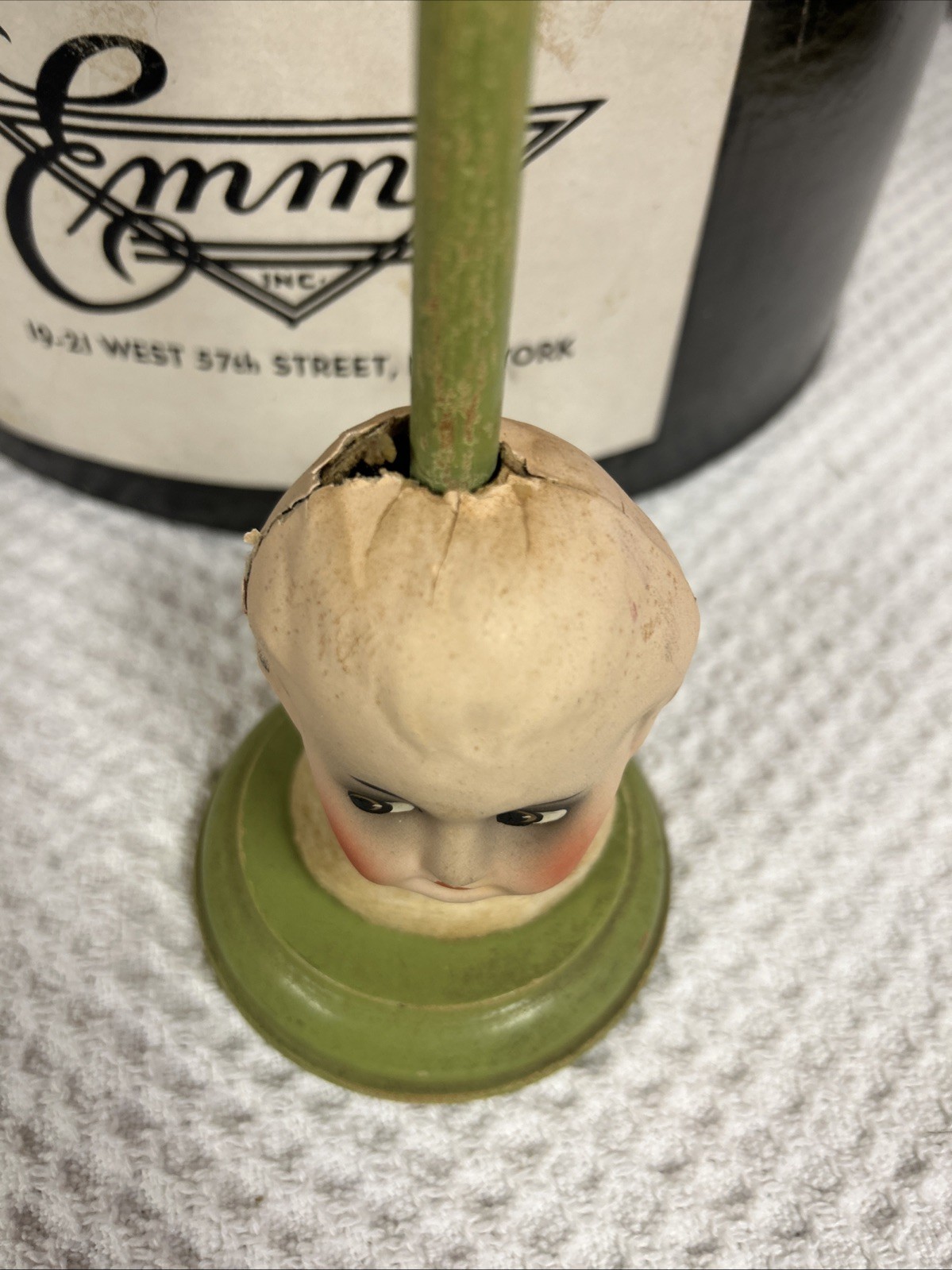 Antique Papier-Mâché Side Eyed Doll Head Girl Wood Hat Stand 9.5" Creepy Germany