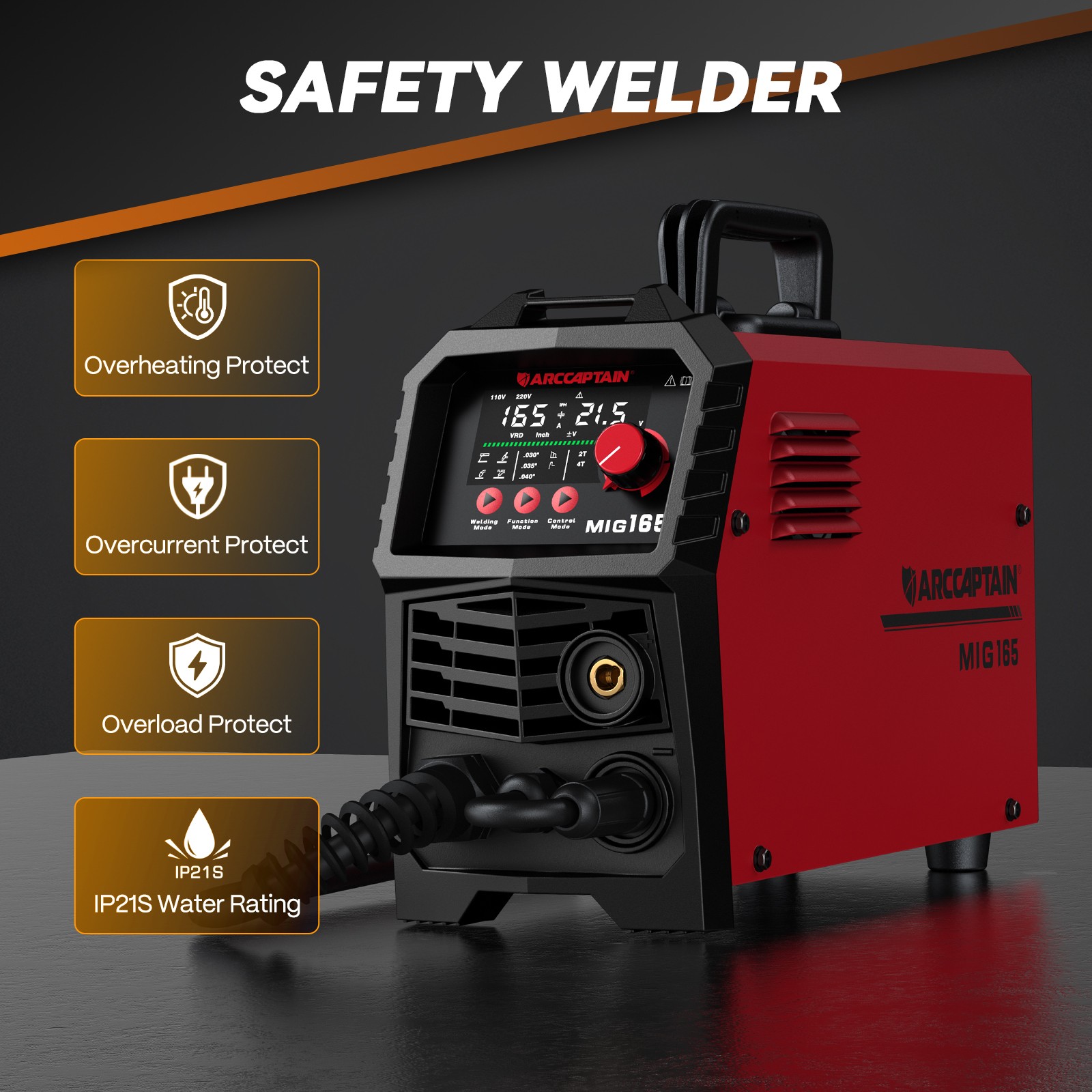 ARCCAPTAIN 165A MIG Welder Large LED Display 4 in 1 Gasless/Gas MIG/Lift TIG