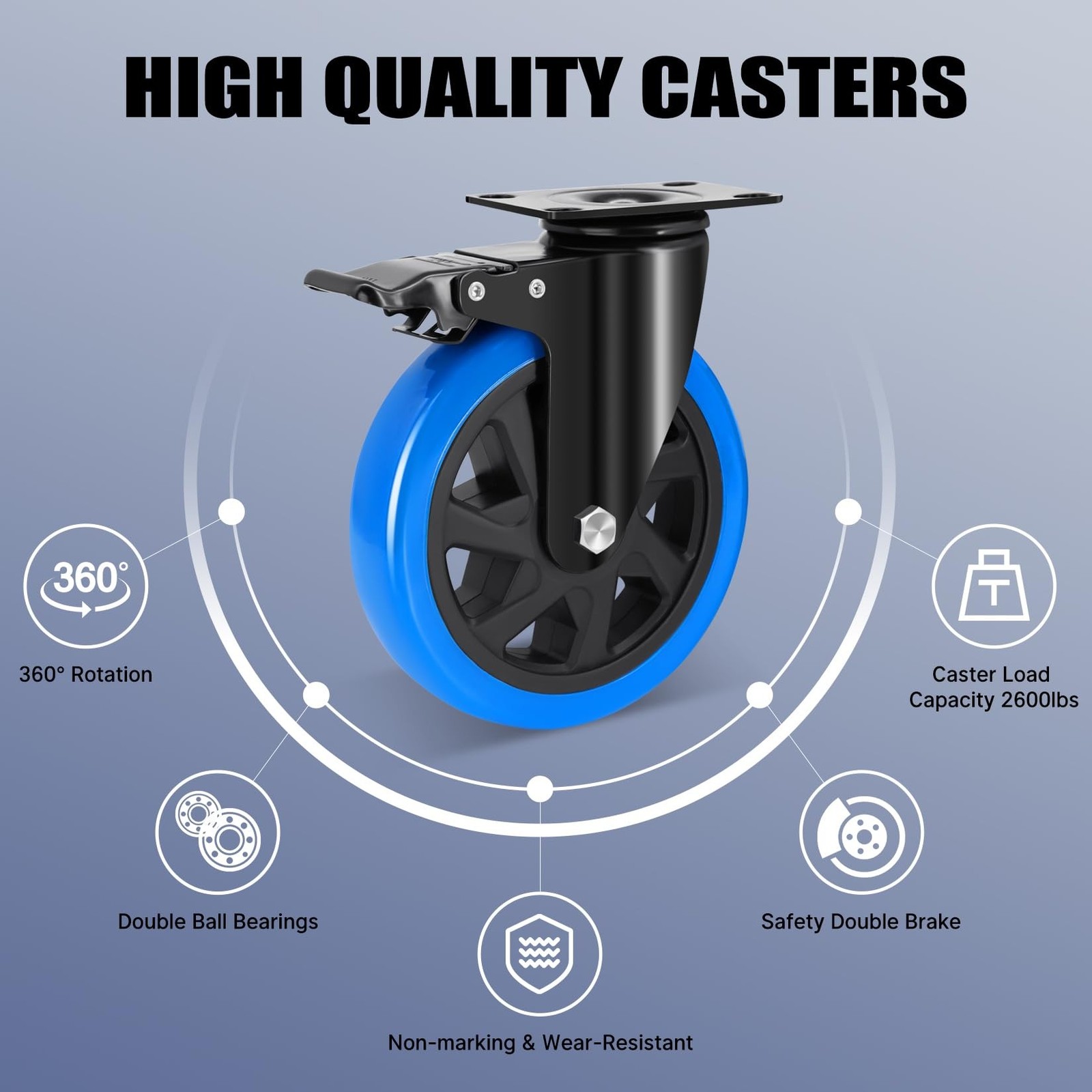 6 Inch Casters Set of 4 Heavy Duty with Safety Double Brake, Swivel Caster Wh...