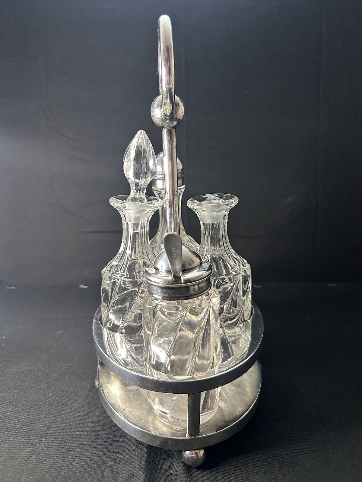 RARE Antique Manganese Glass Cruet Set Meriden Quadruple Plate Caddy c1900 READ