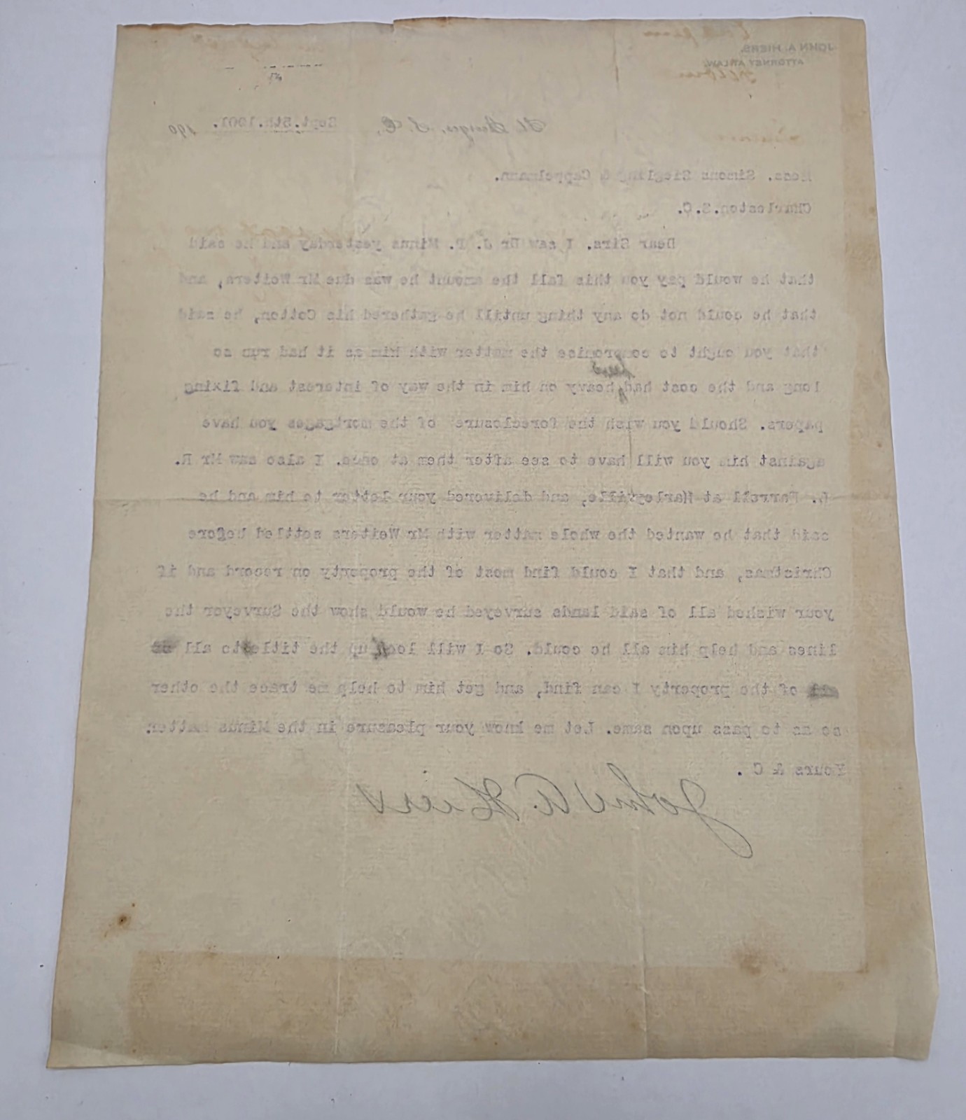 1901 South Carolina Letter Cotton Debt Charleston Dr. J.P. Minus 2 Documents