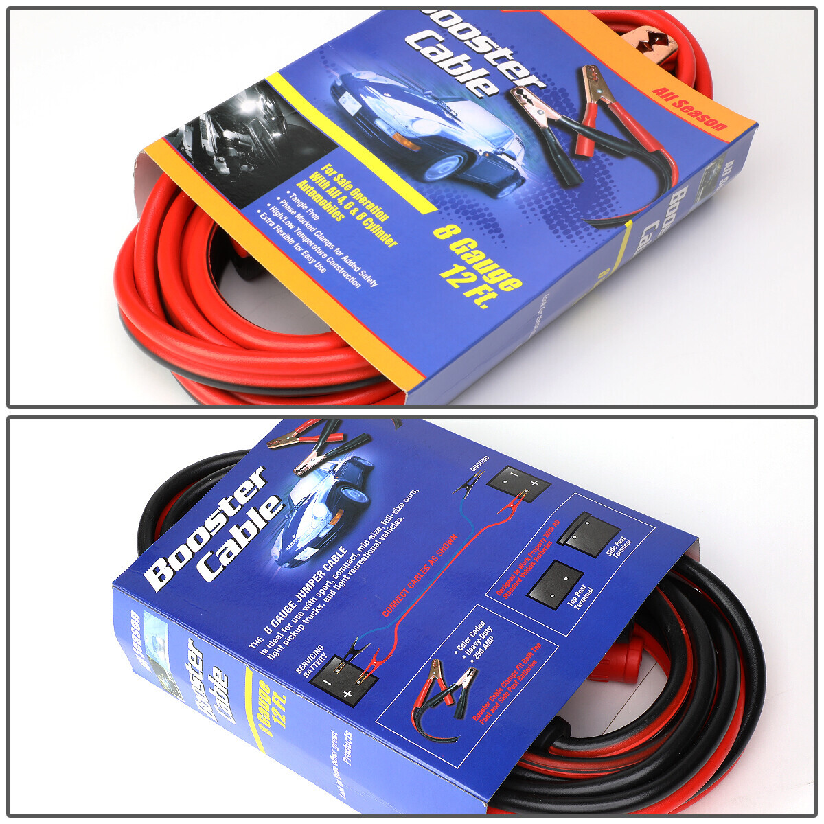 HEAVY DUTY 8 GAUGE 12 FT BATTERY BOOSTER CABLE EMERGENCY POWER JUMPER 250 AMP