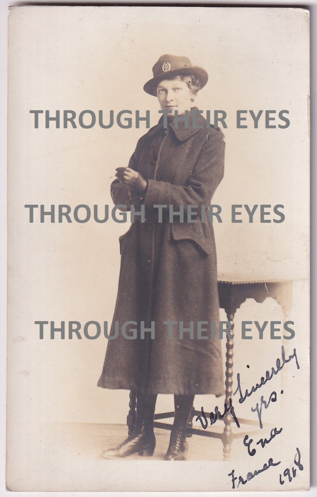 Original WW1 photo postcard Women's Army Auxiliary Corps WAAC cap badge on hat