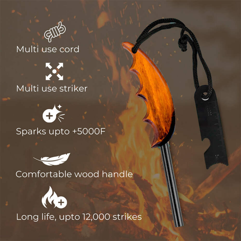 Dubrak Wood Handle Ferro Rod Fire Starter Flint + Fatwood + Burlap Bag