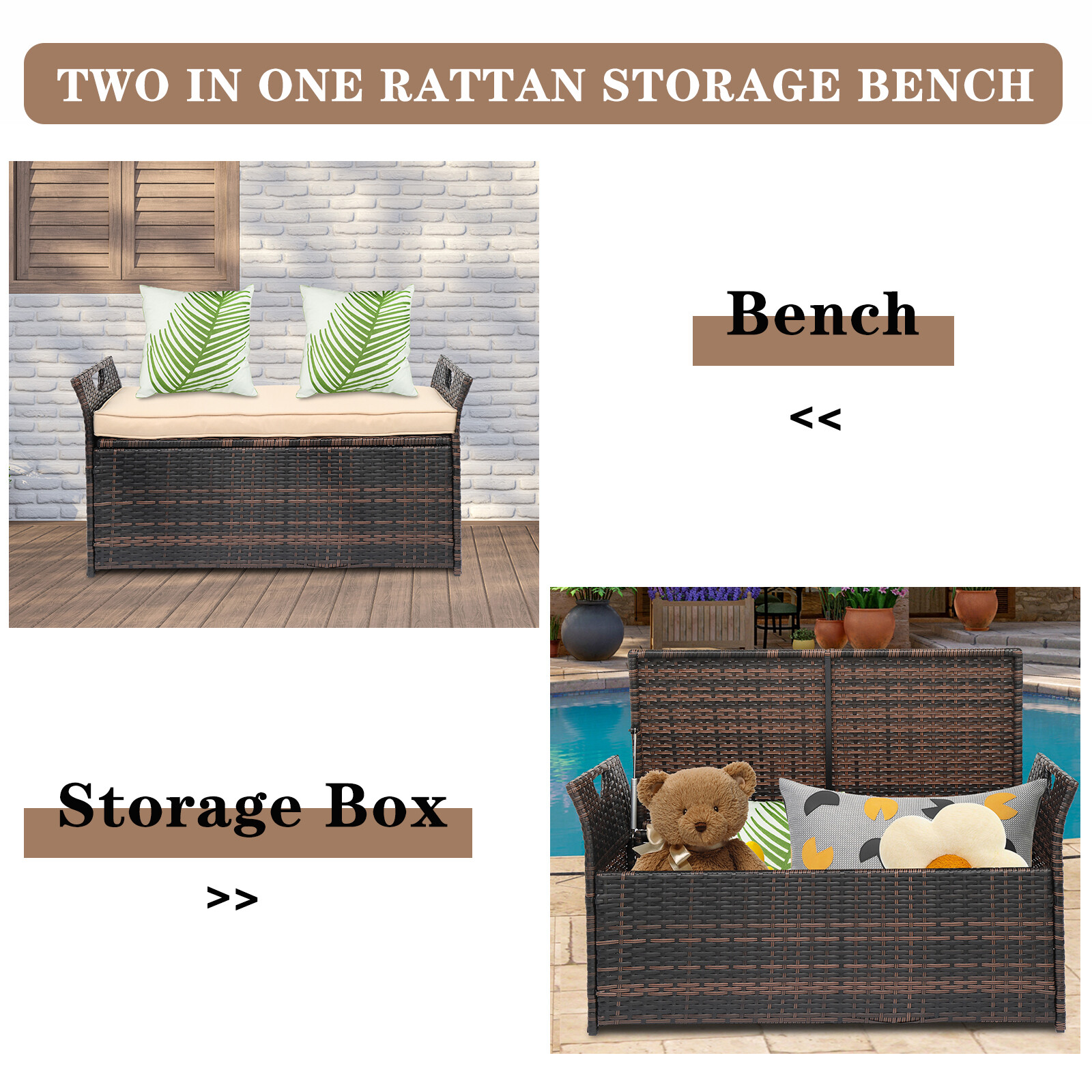 Outdoor Storage Bench Rattan Storage Box Patio Wicker Deck Box with Seat Cushion