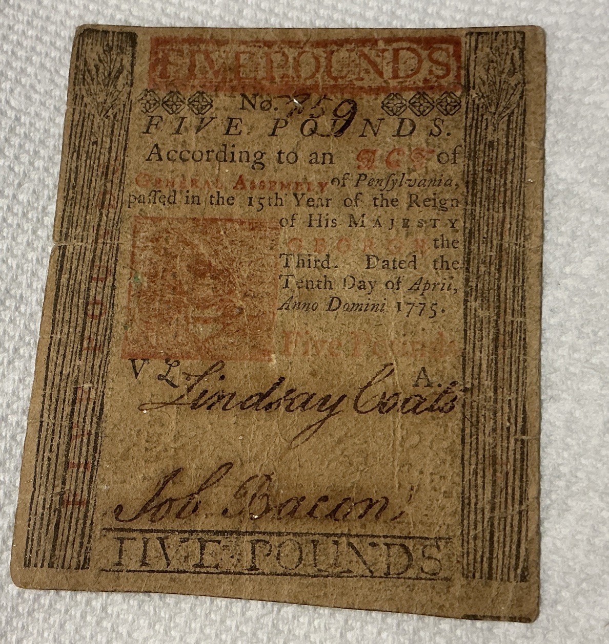 PENNSYLVANIA COLONIAL NOTE 5 POUND 1775 PA-176 Printed Only 1669, Franklin Press