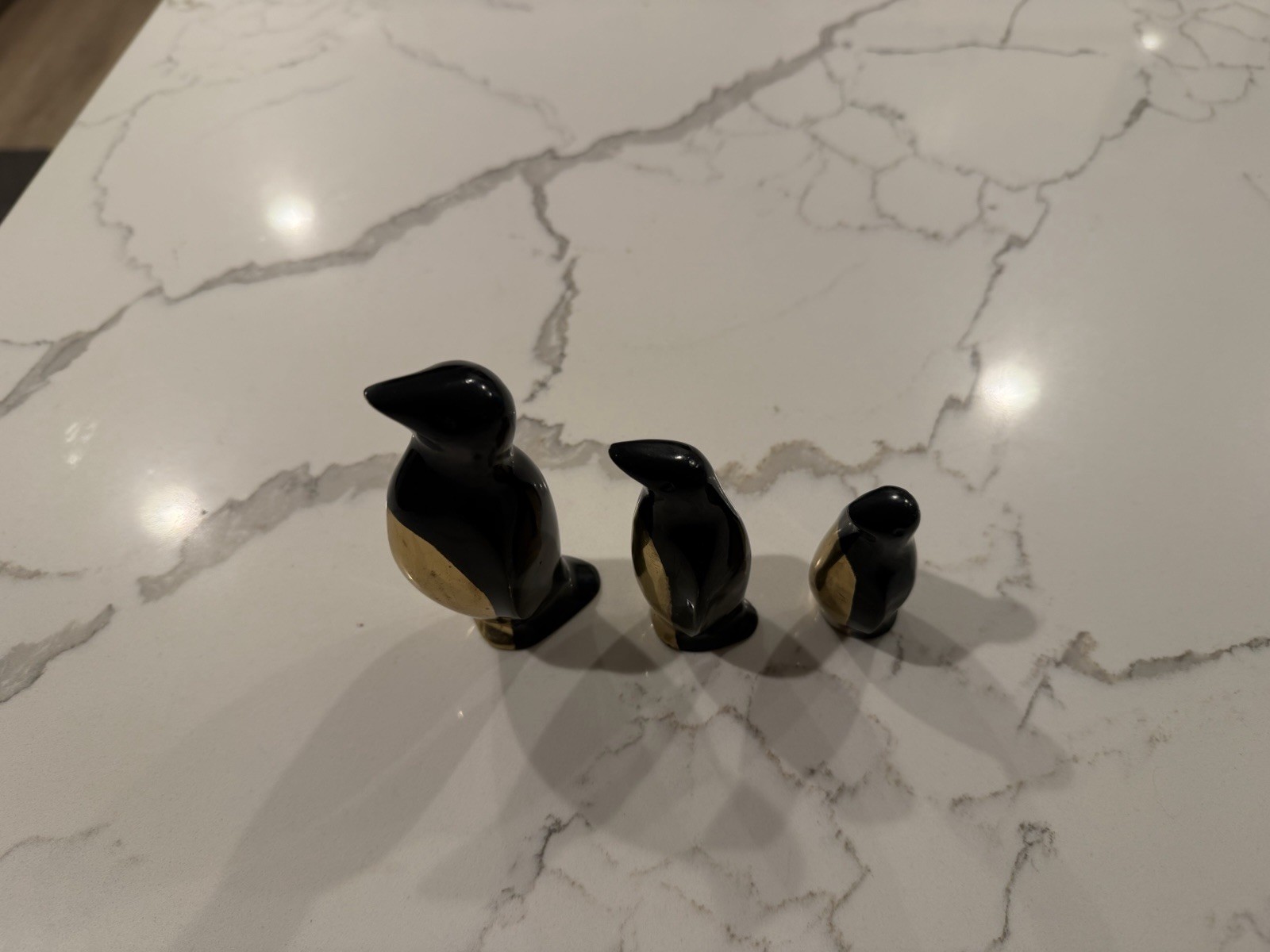 Vintage Brass & Enamel Penguin Figurines Set of 3 Black & Gold Mid Century Style