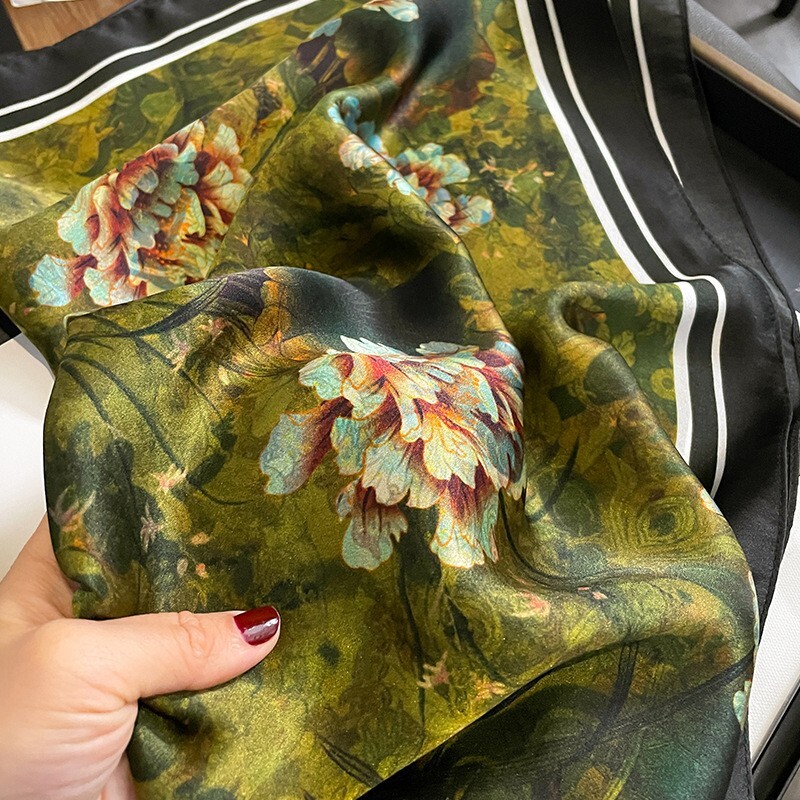 100% Silk Scarf Women Vintage Dark Green Flower Kerchief Headscarf Tied 68*68cm