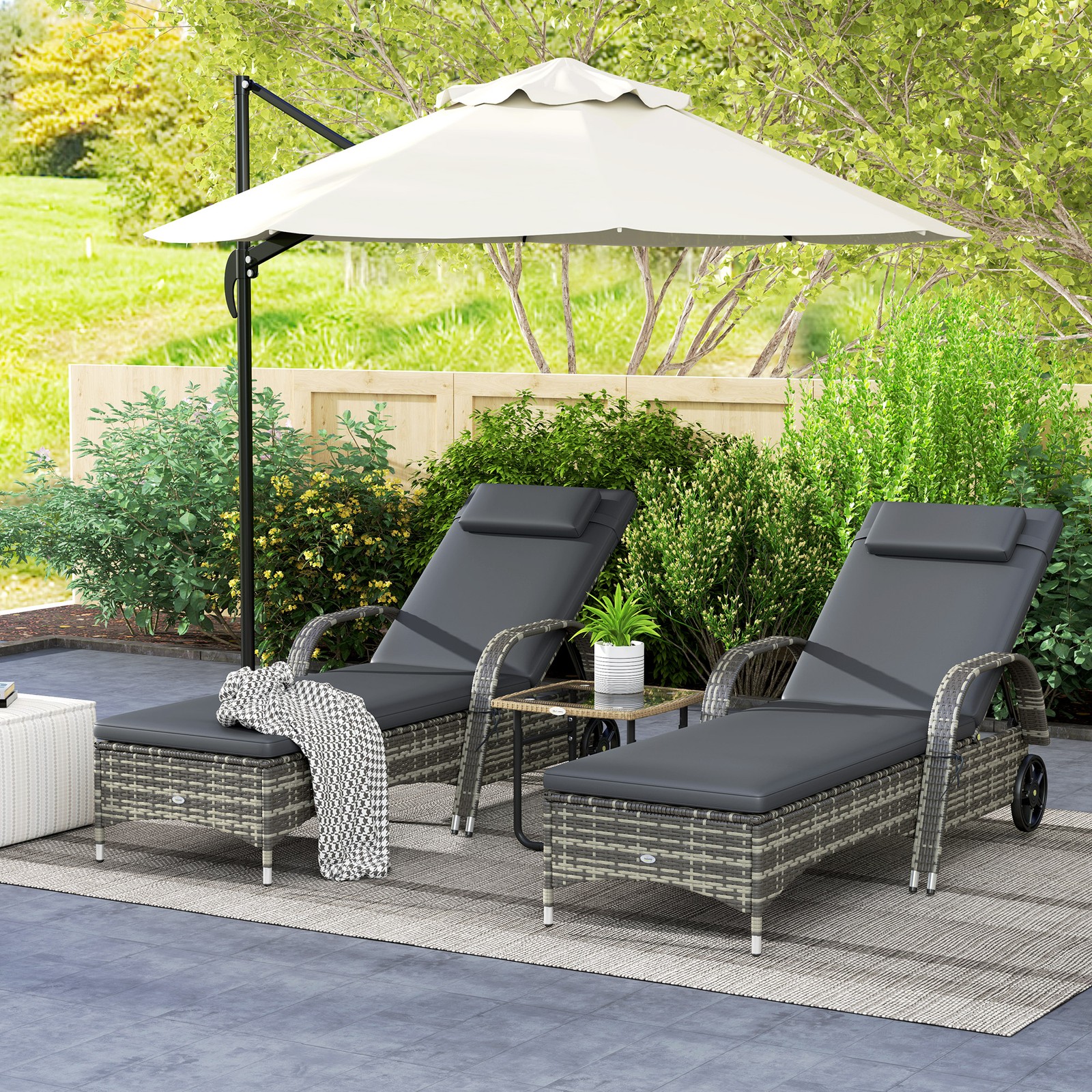 Outdoor PE Rattan Reclining Sun Lounger Set of 2 w/ Cushion, Wheels, Gray