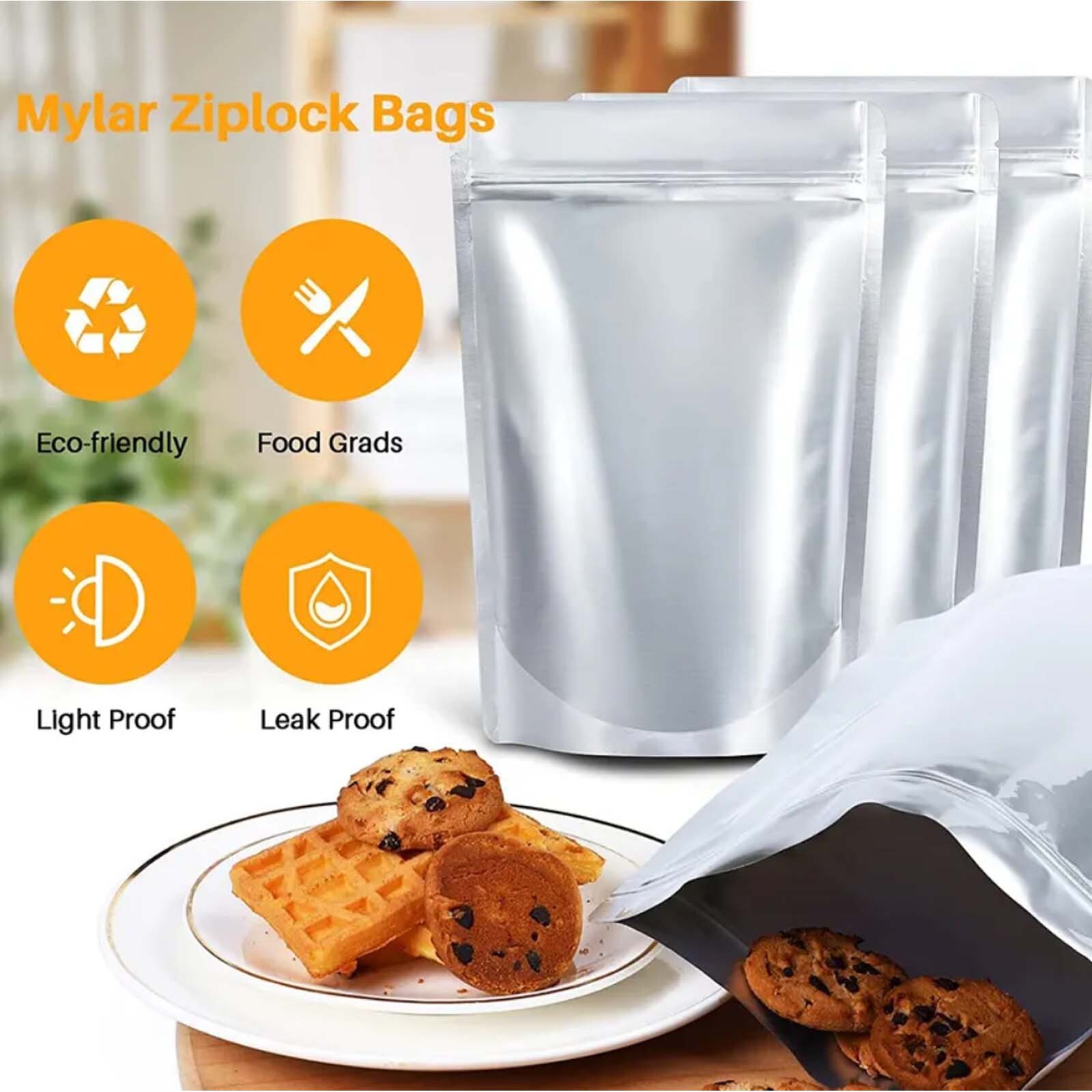 50/100pcs Mylar Bags 8.7Mil w/ Oxygen Absorbers Stand-Up Resealable Food Storage