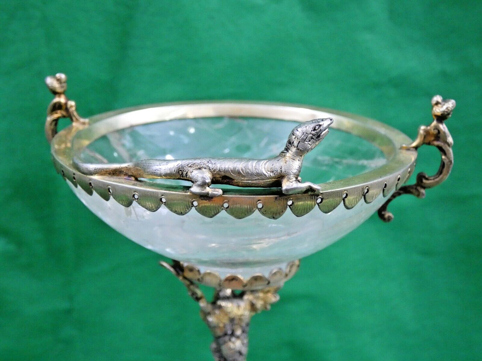 GORGEOUS SILVER - GILT / ROCK CRYSTAL TAZZA ANTIQUE GERMAN FIGURAL EAGLE LIZARD