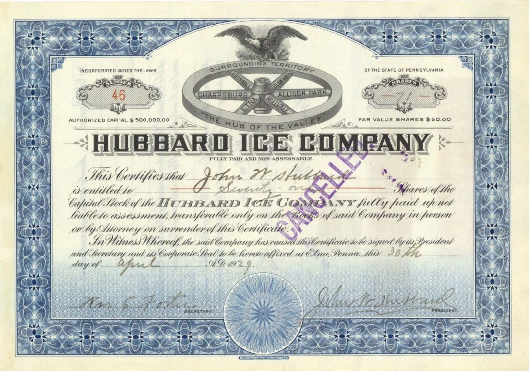 Hubbard Ice Co. - 1926 or 1929 dated Stock Certificate - Ice Companies