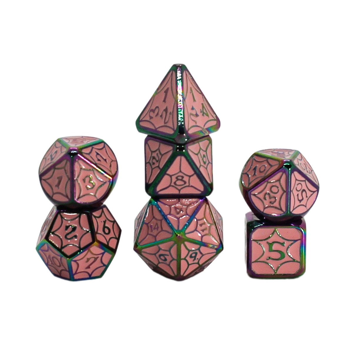 Seven Seas Pirates Metal Pink Enamel Rainbow Spider Web Dice Set - Hexagon Box