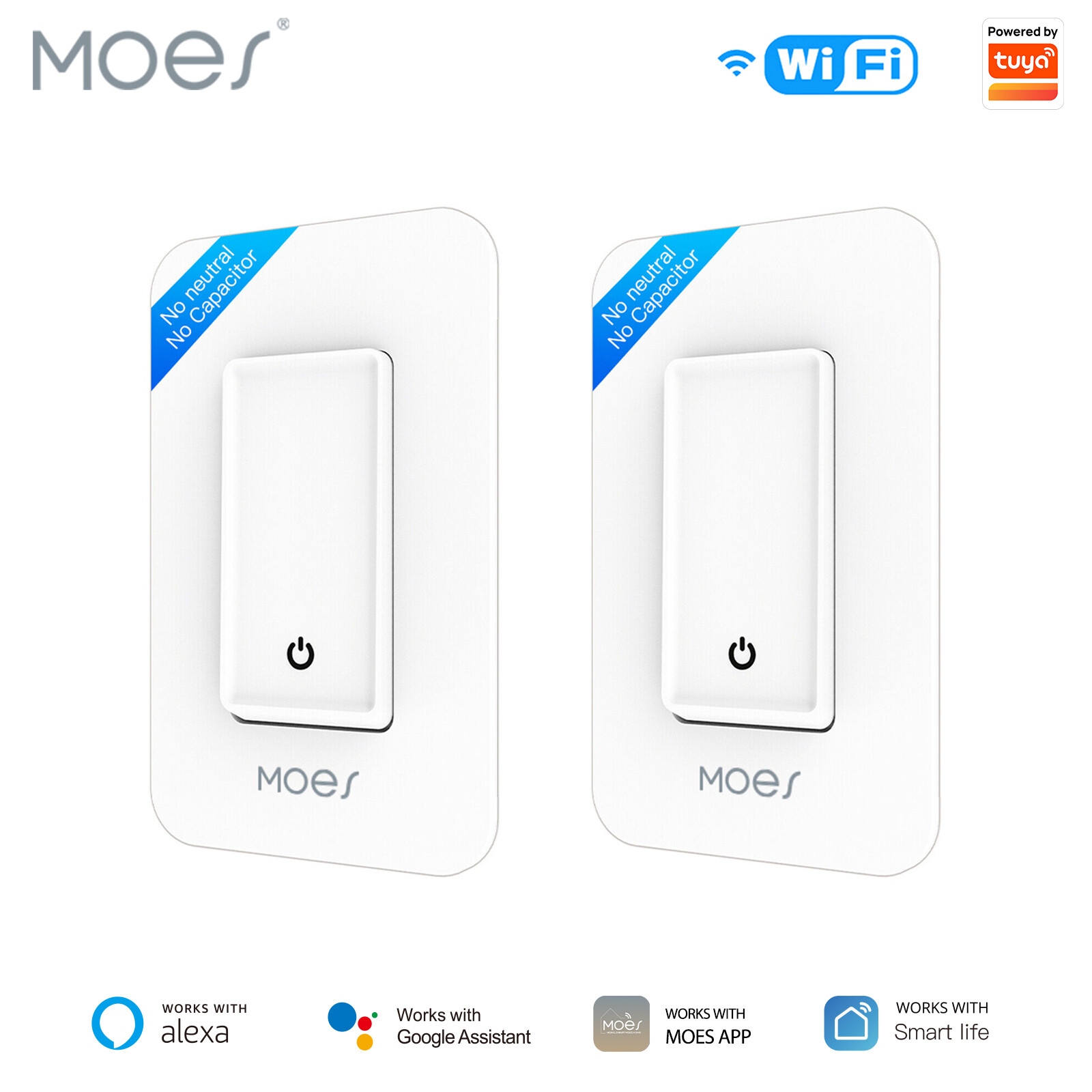 MOES WiFi Smart Light Switch No Neutral Wire Required No Capacitor Remote 2 Pack