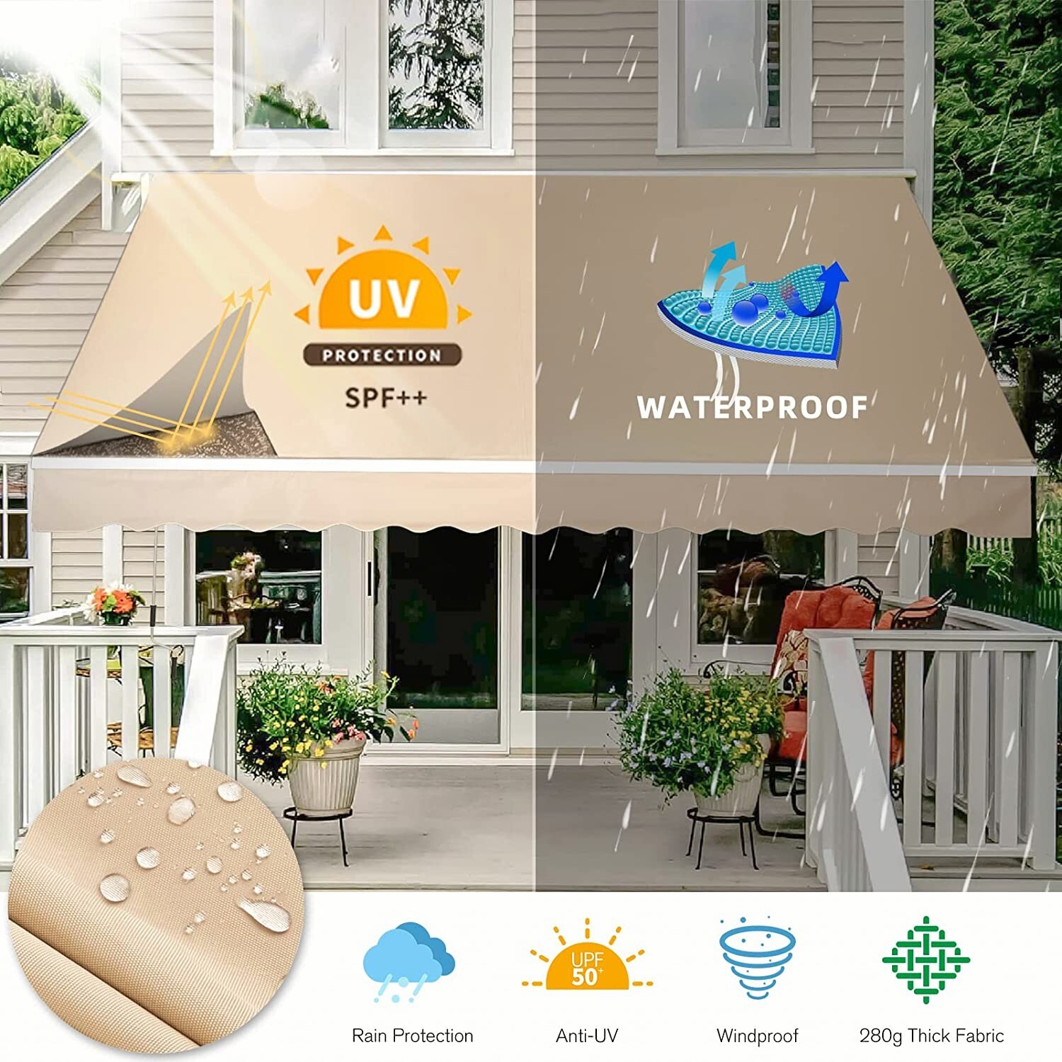 13'×10' Patio Awning Manual Retractable Outdoor Sun Shade Shelter Waterproof
