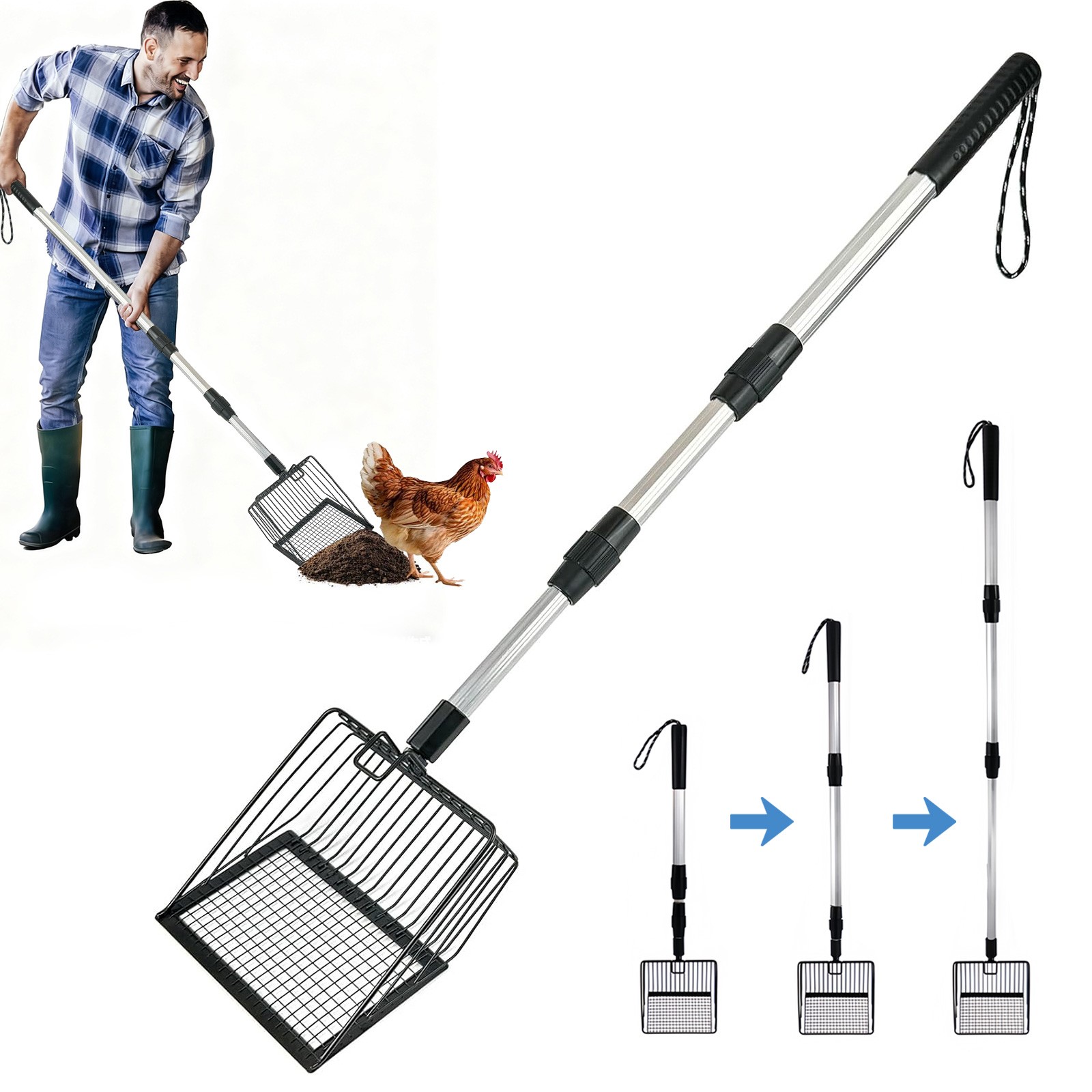 Adjustable Chicken Coop Poop Scooper 22–41.9in Metal Sifting Shovel Long Handle