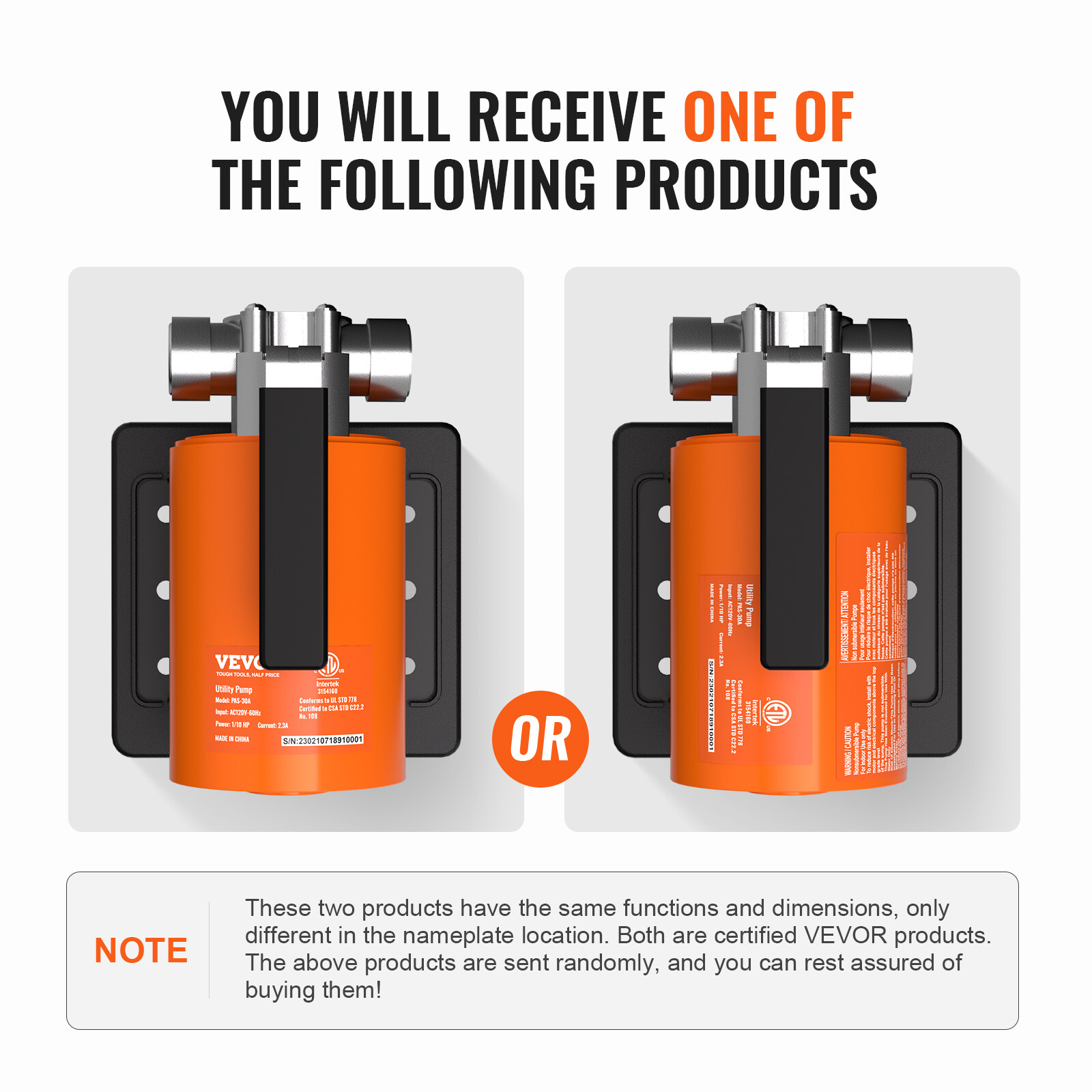 VEVOR Water Transfer Removal Pump Portable Utility Pump 12V 360 GPH 1/10 HP Hose