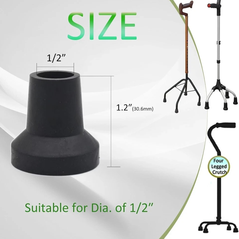 1/2' Walking Cane Tips 4 Pack Set, No-Slip Cane of Black Rubber Tips, Heavy D...