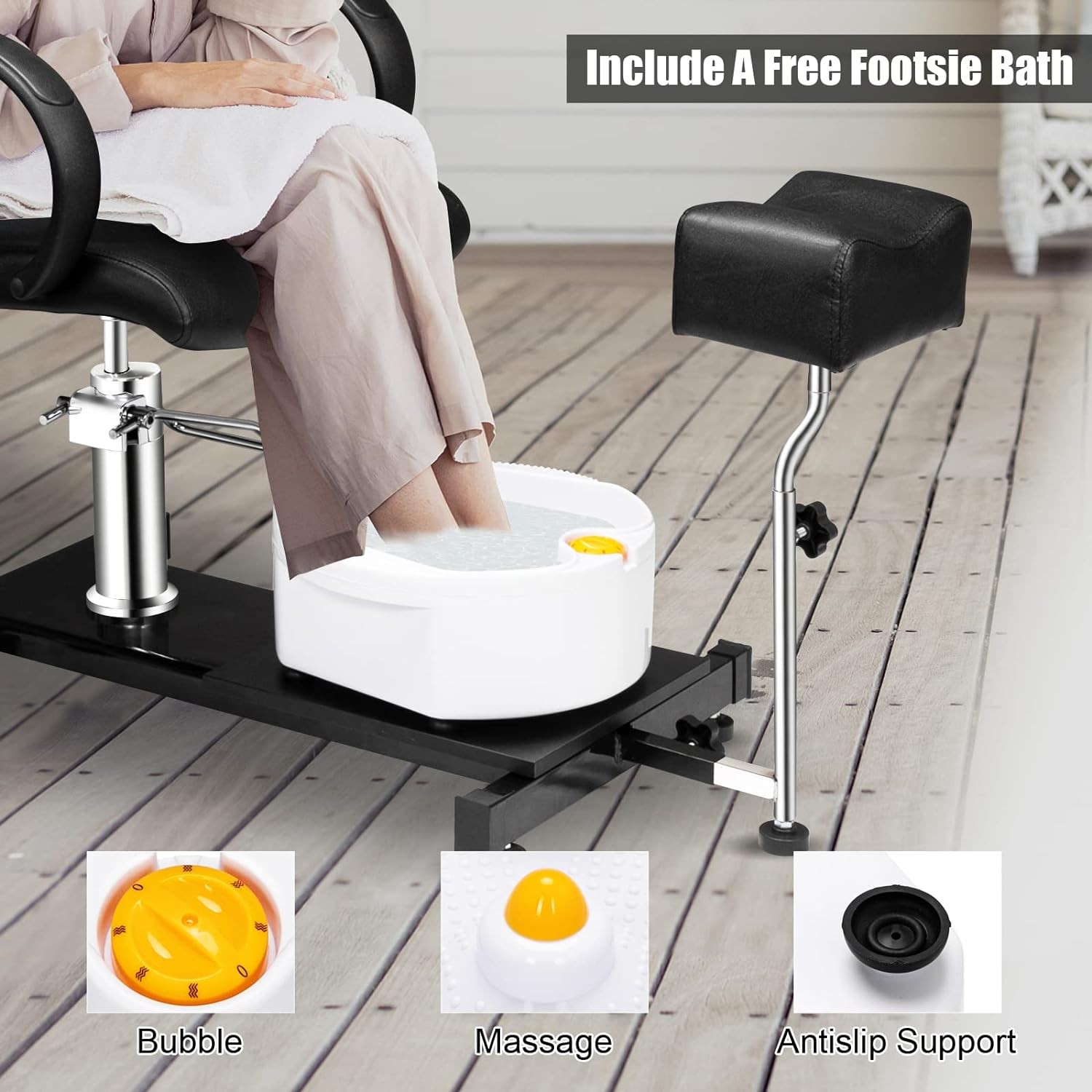 Pedicure Chair White with Stool & Bubble Massage Foot Bath, Hydraulic Pedi Chair