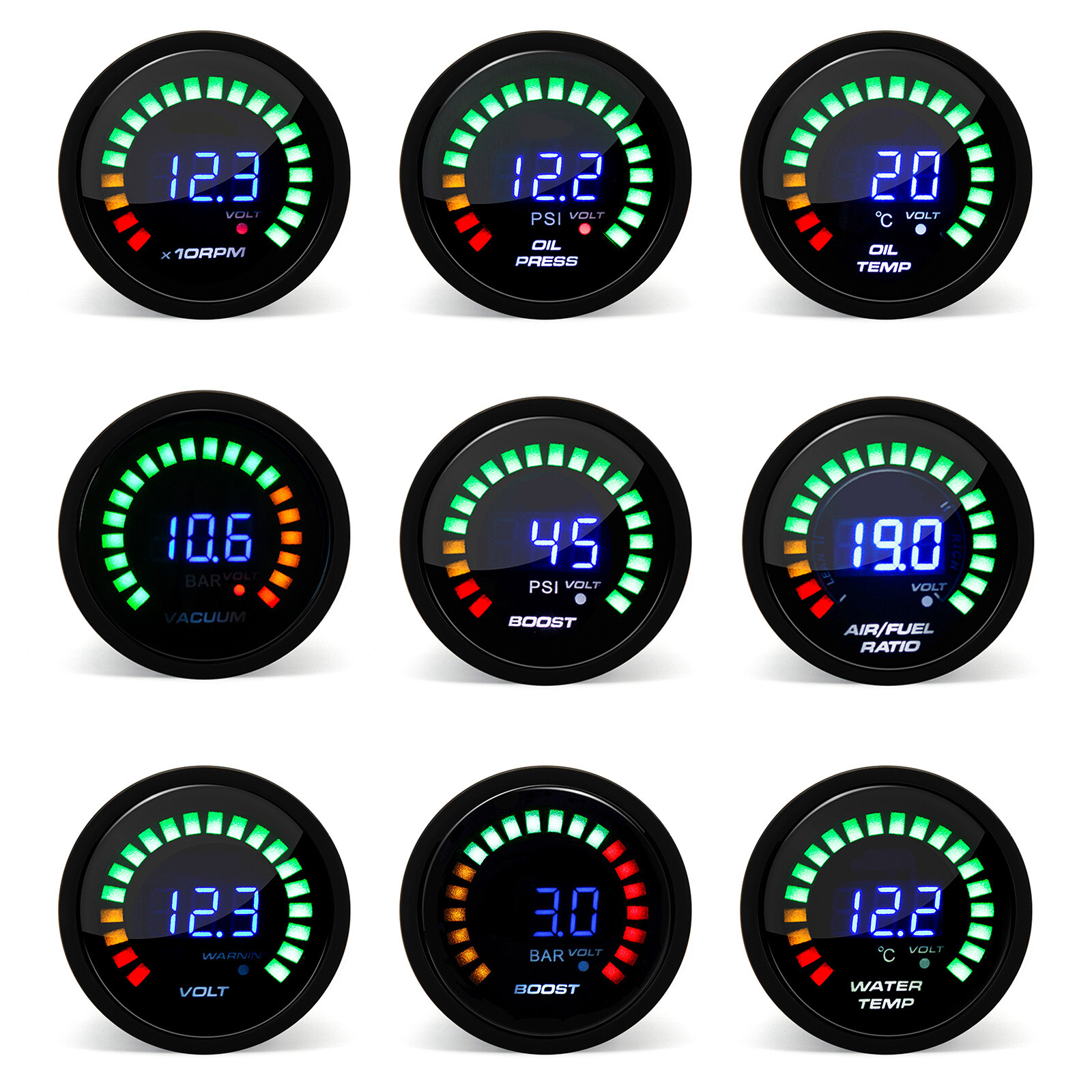 2"52mm Car Digital PSI Turbo Boost/Water/Oil Temp/Pressure/Tachometer/EGT Gauge